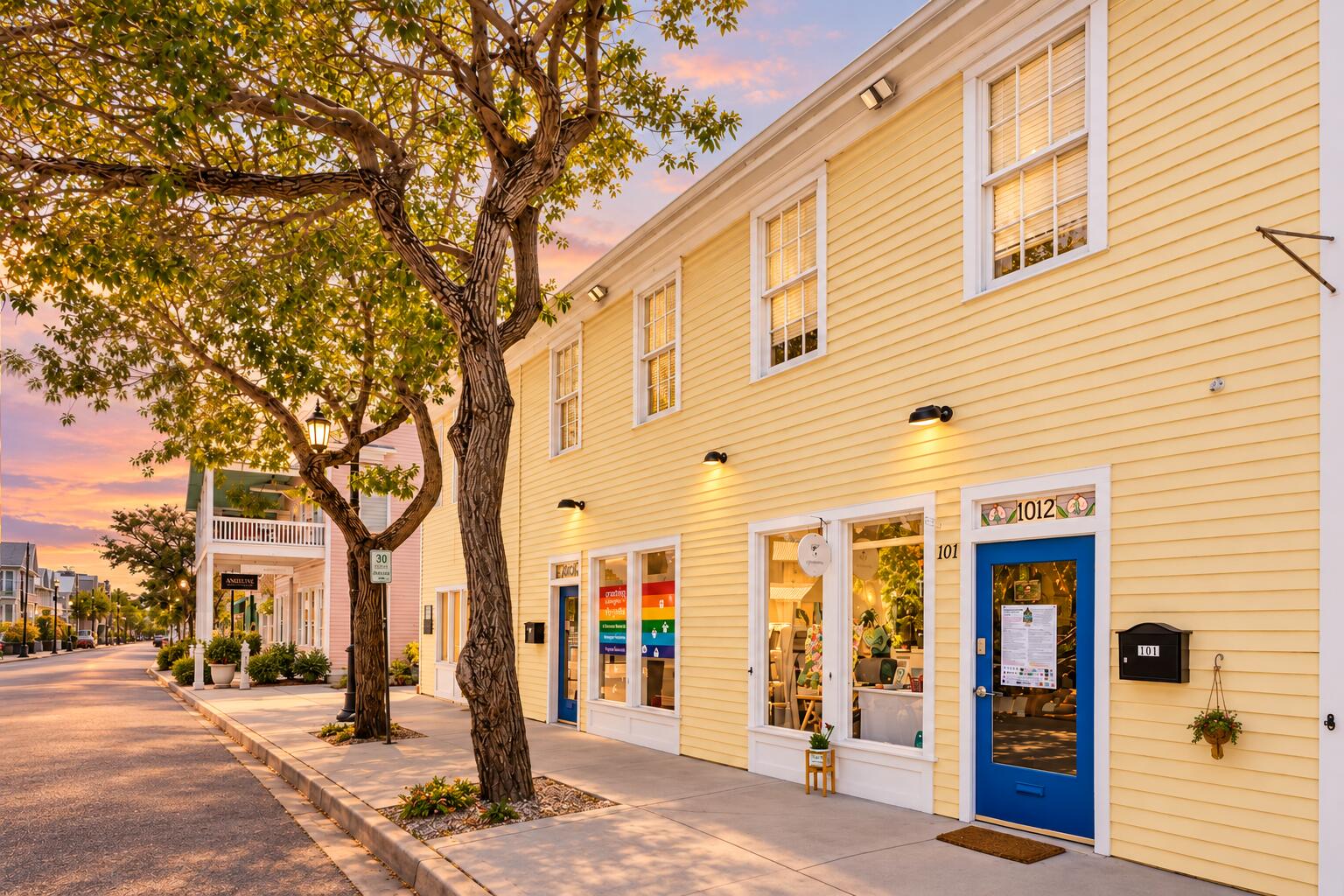 Yellow commercial storefront with a blue 1012 entrance, framed by street trees at sunset.