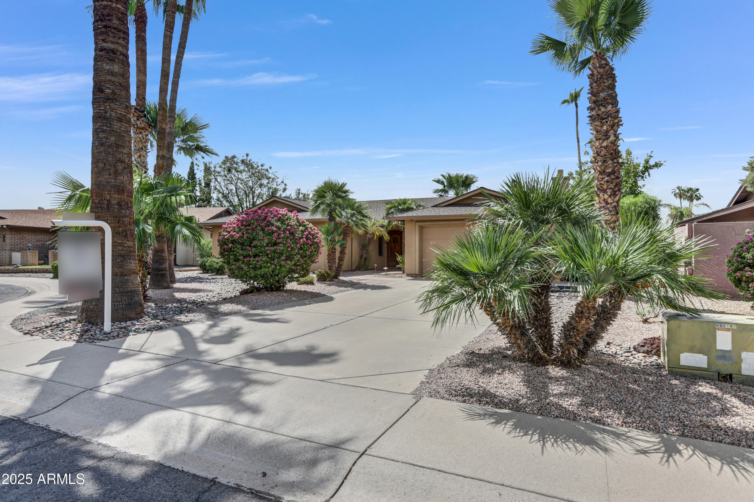 Single-story tan home with a garage, palm trees, and a flowering pink shrub along the driveway.