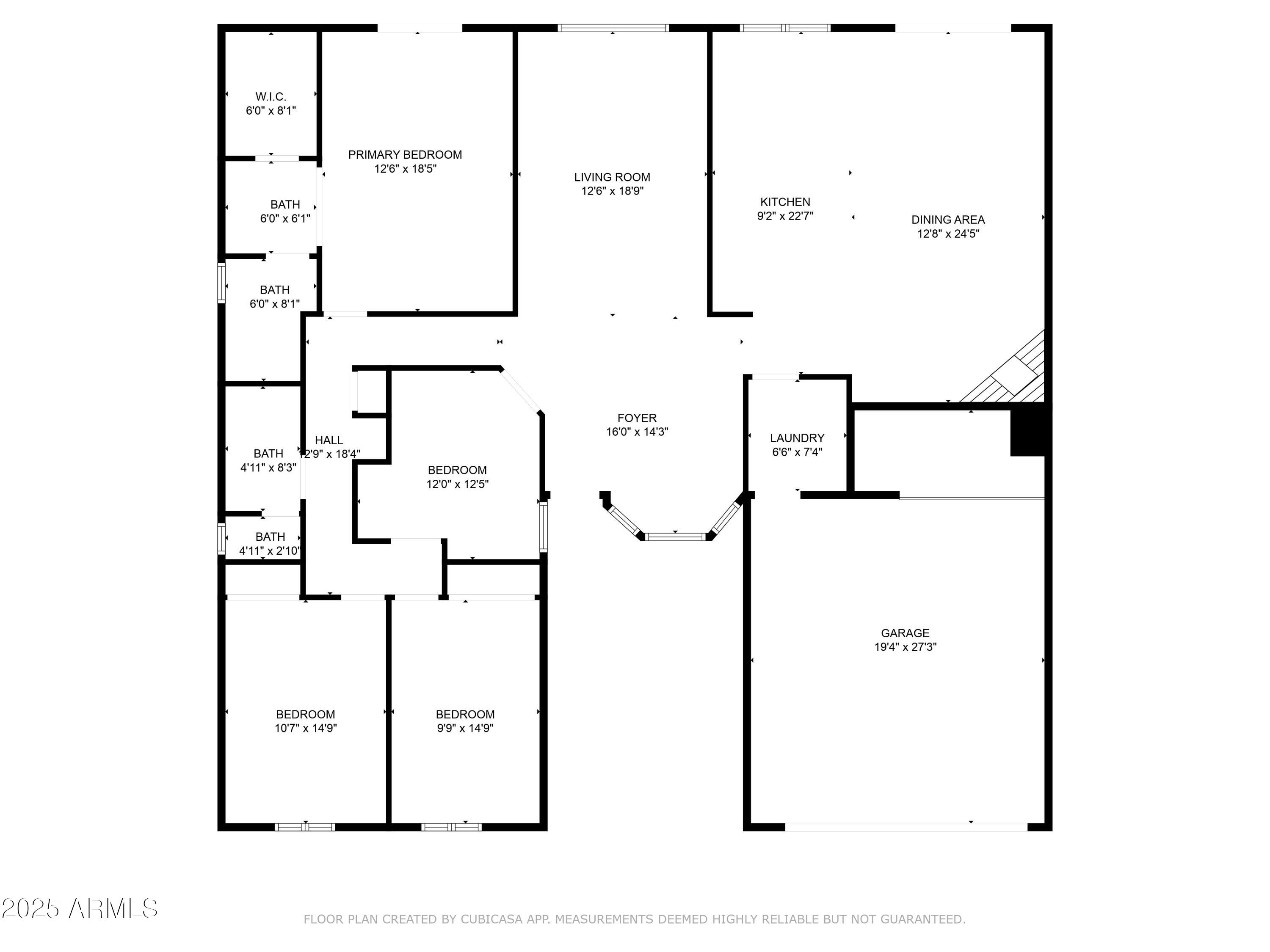 Labeled home floor plan with four bedrooms, multiple bathrooms, open kitchen and dining area, foyer, and garage.