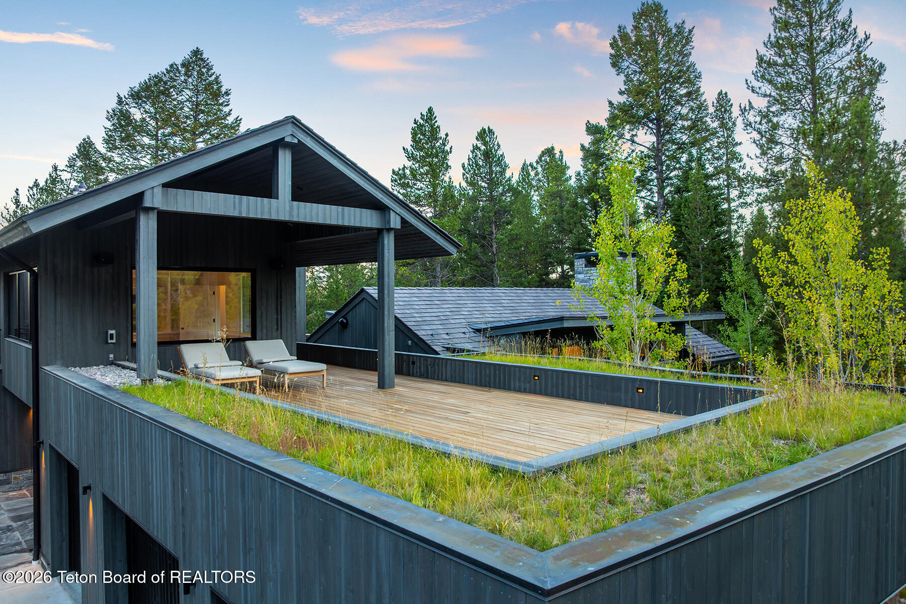 Modern dark-wood home with a spacious rooftop deck and lounge chairs, surrounded by trees.