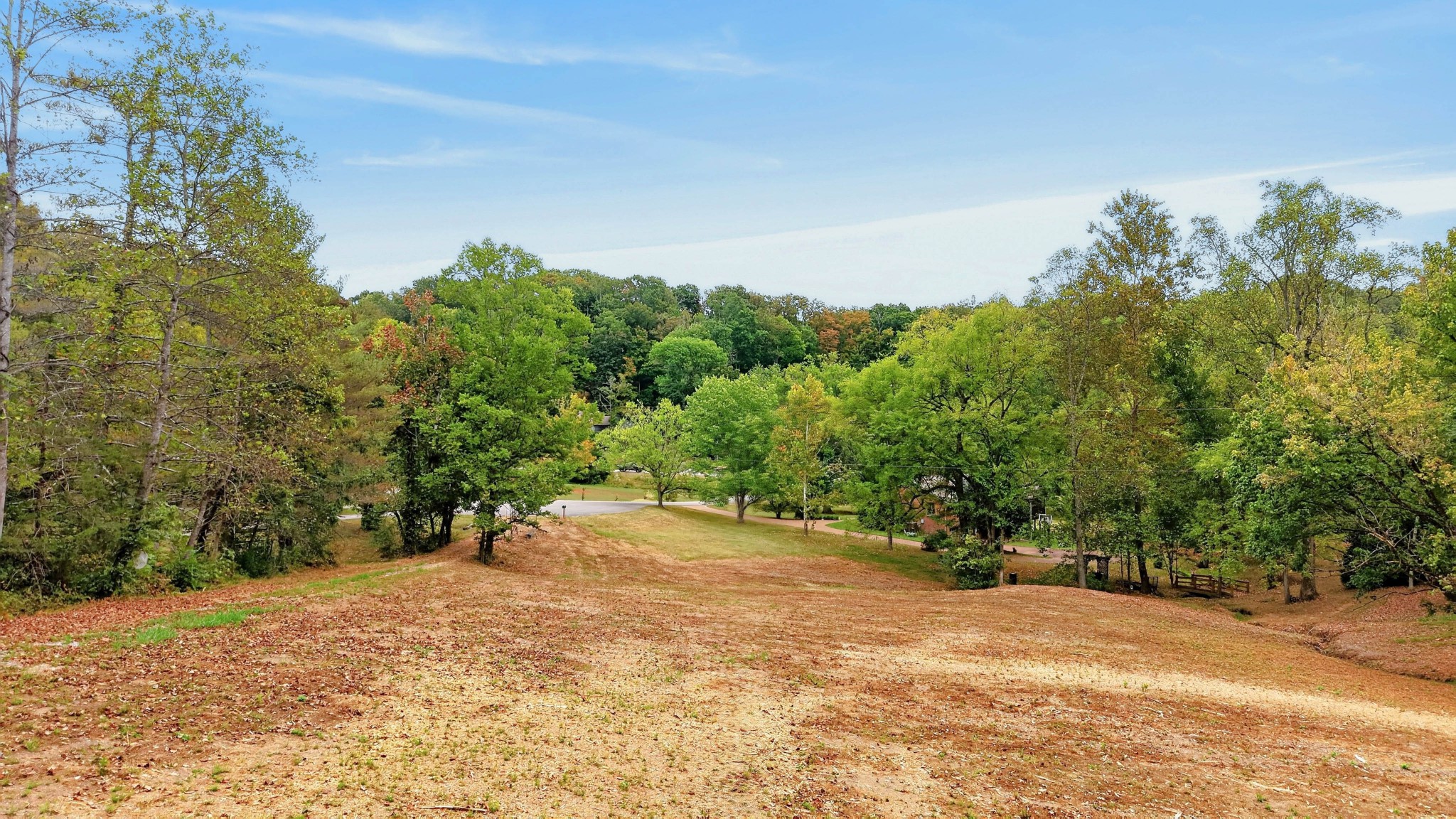 Open sloping yard bordered by mature trees, with a road and wooded landscape beyond.