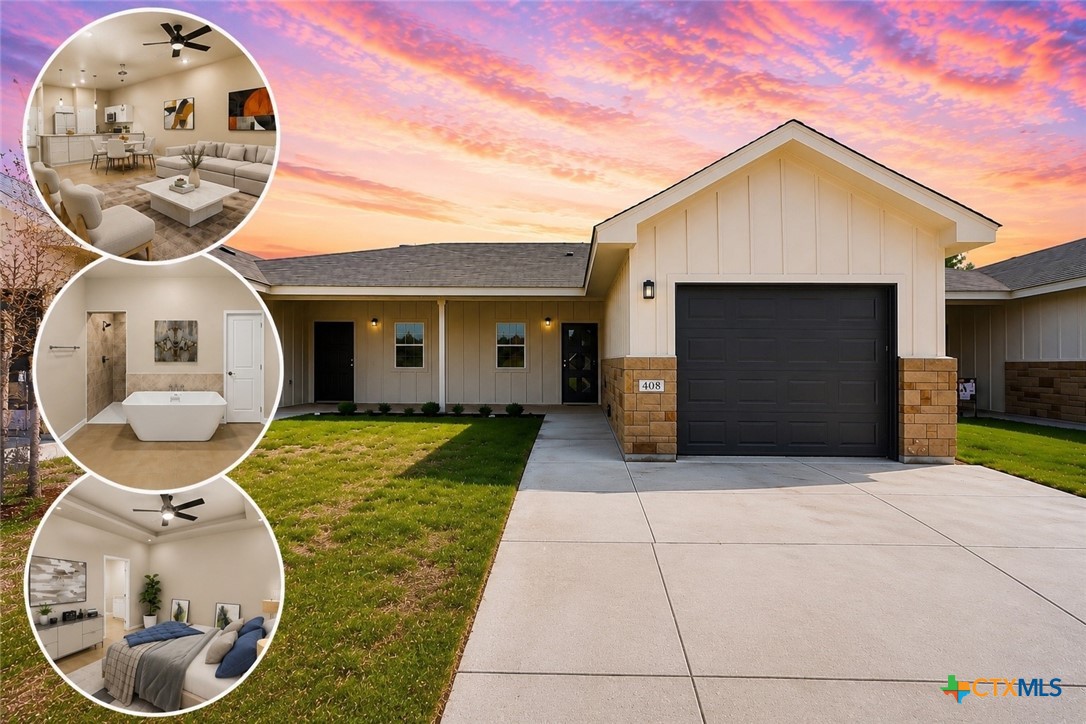 Single-story home with black garage door and stone accents; inset views show the living room, bathroom, and bedroom.
