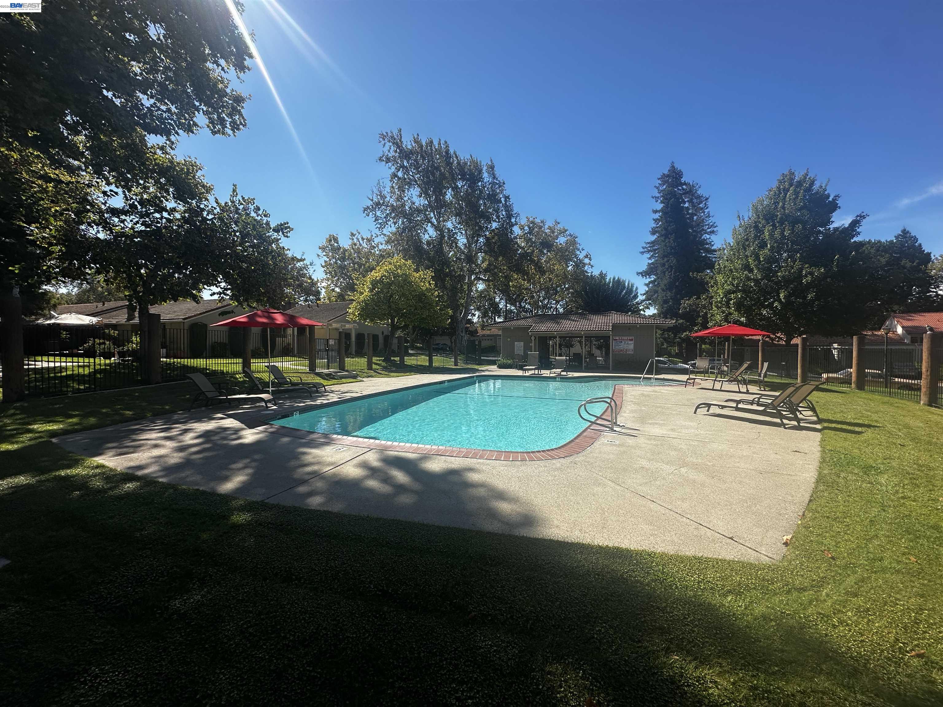 Outdoor community pool with turquoise water, red umbrellas, lounge chairs, and mature trees.