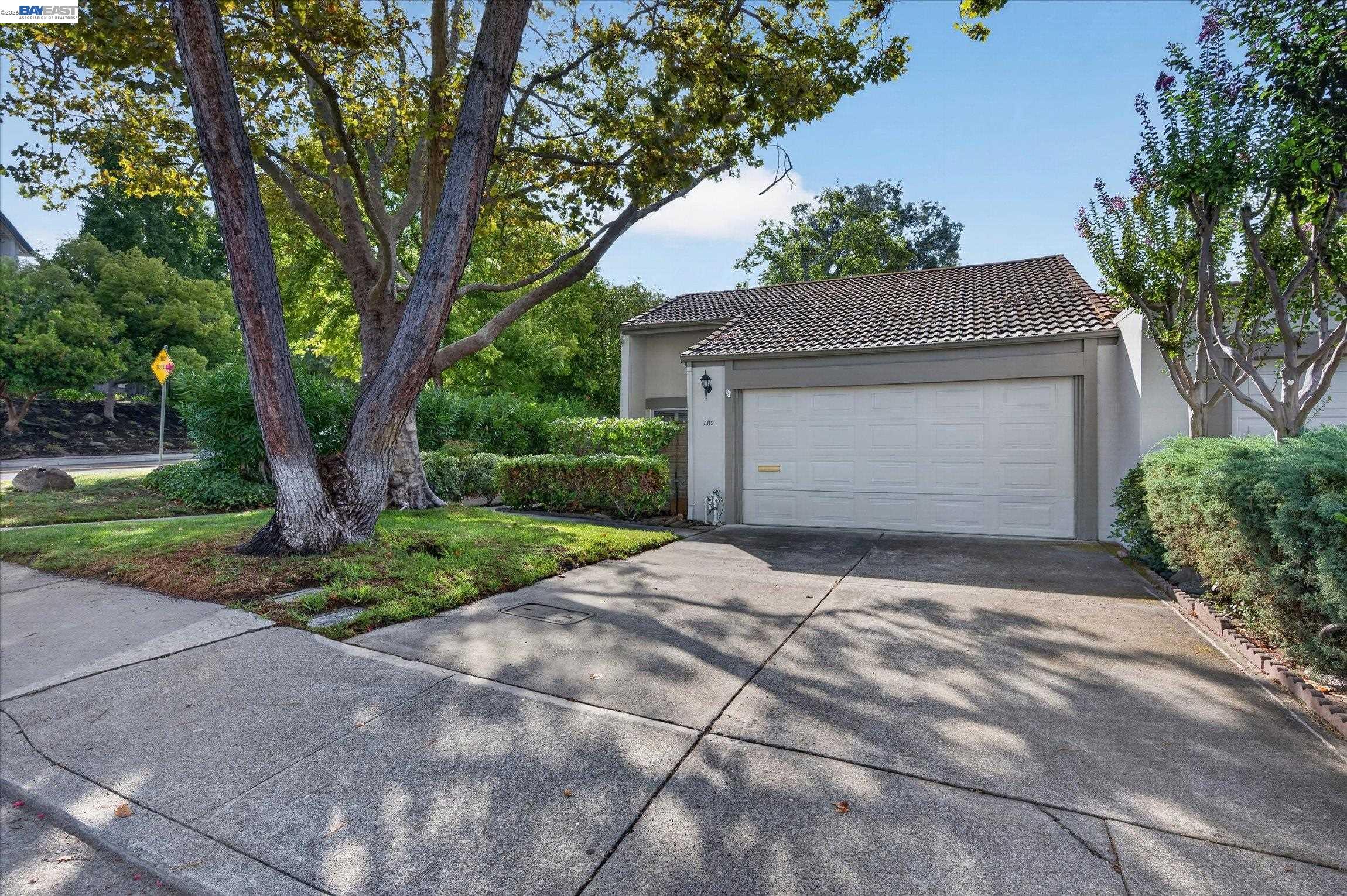 Home at 509 Tampico with a double garage, tiled roof, and mature trees.