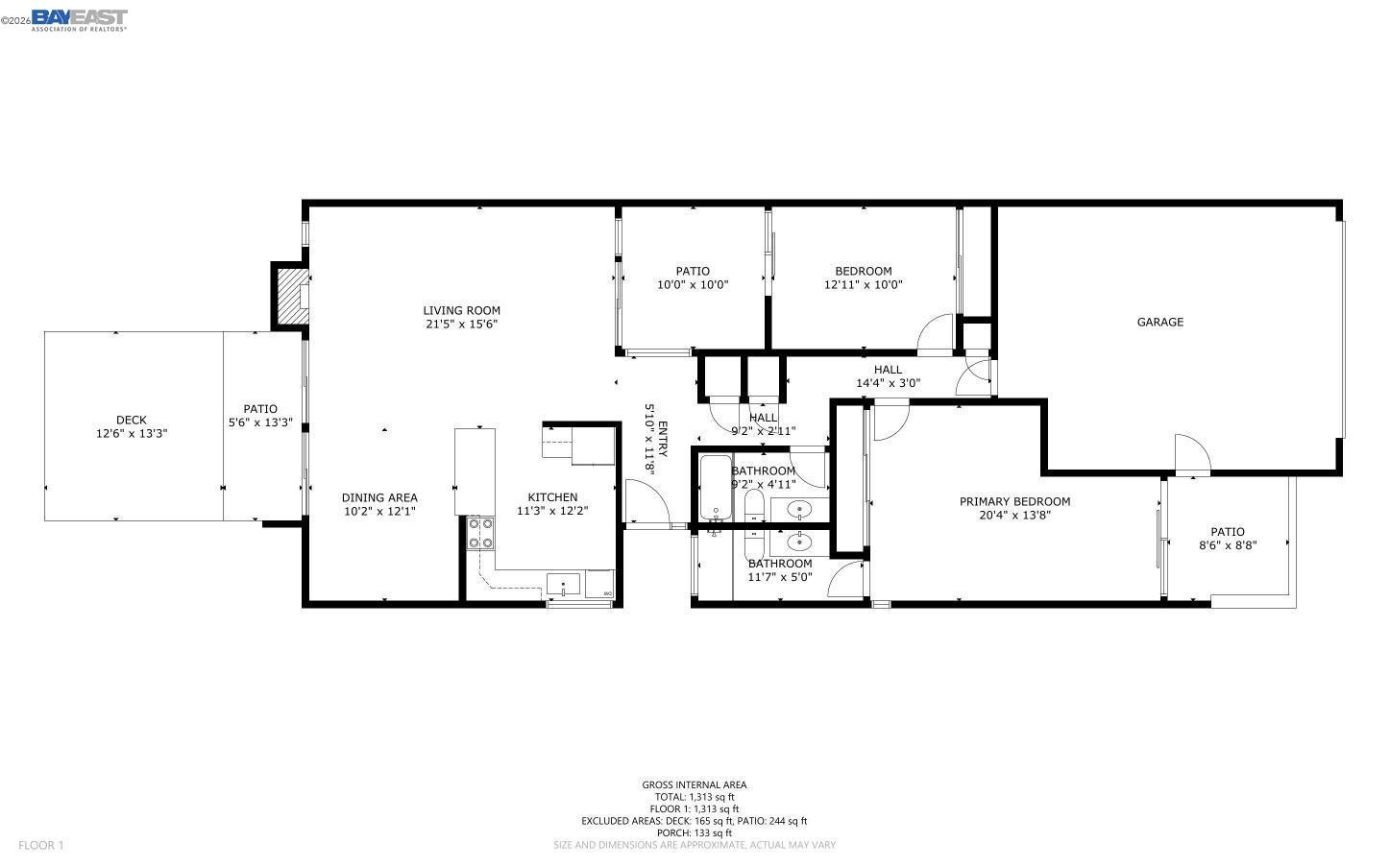 Floor plan showing the living room, kitchen, two bedrooms, garage, deck, and patios.