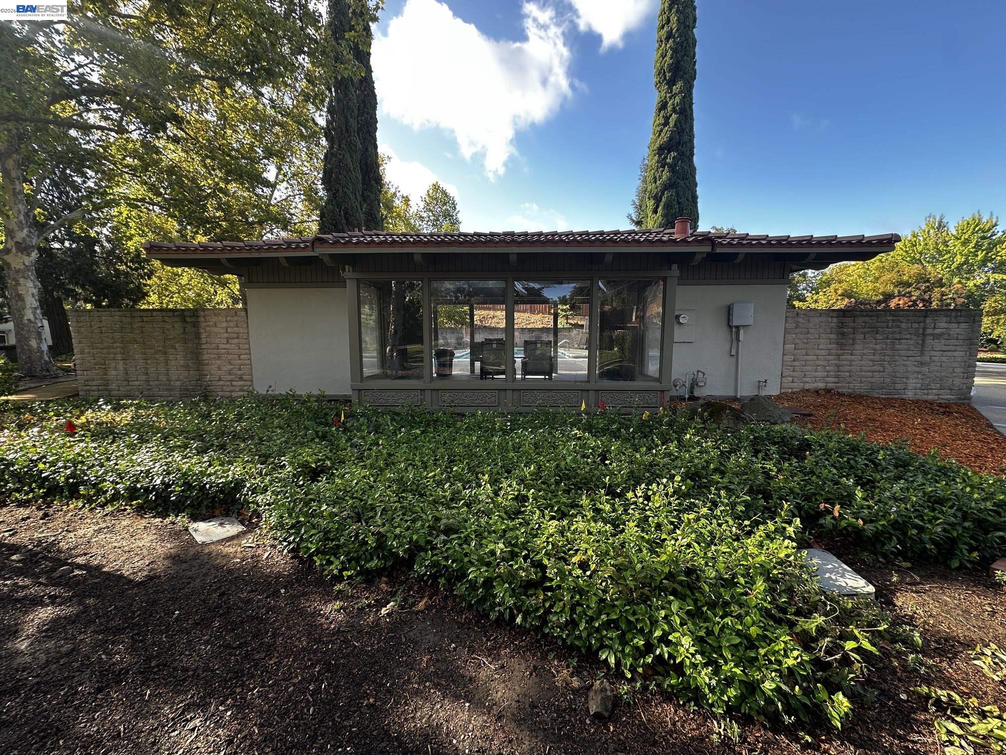 Rear of a single-story home with broad windows, dense landscaping, and tall cypress trees.