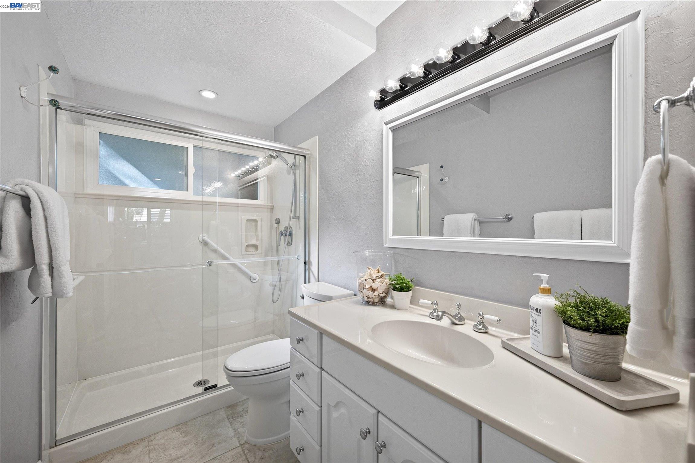 Bathroom with a glass-enclosed shower, grab bars, and a white vanity beneath a large mirror.