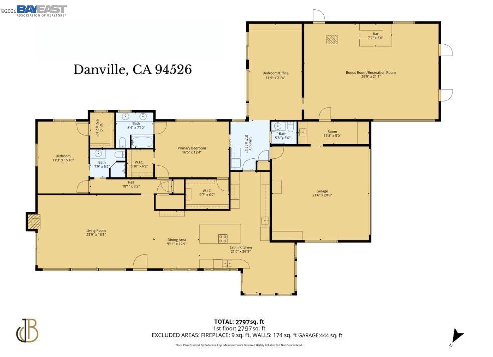 Residential floor plan with labeled rooms, a garage, and a bonus recreation room in Danville, California.