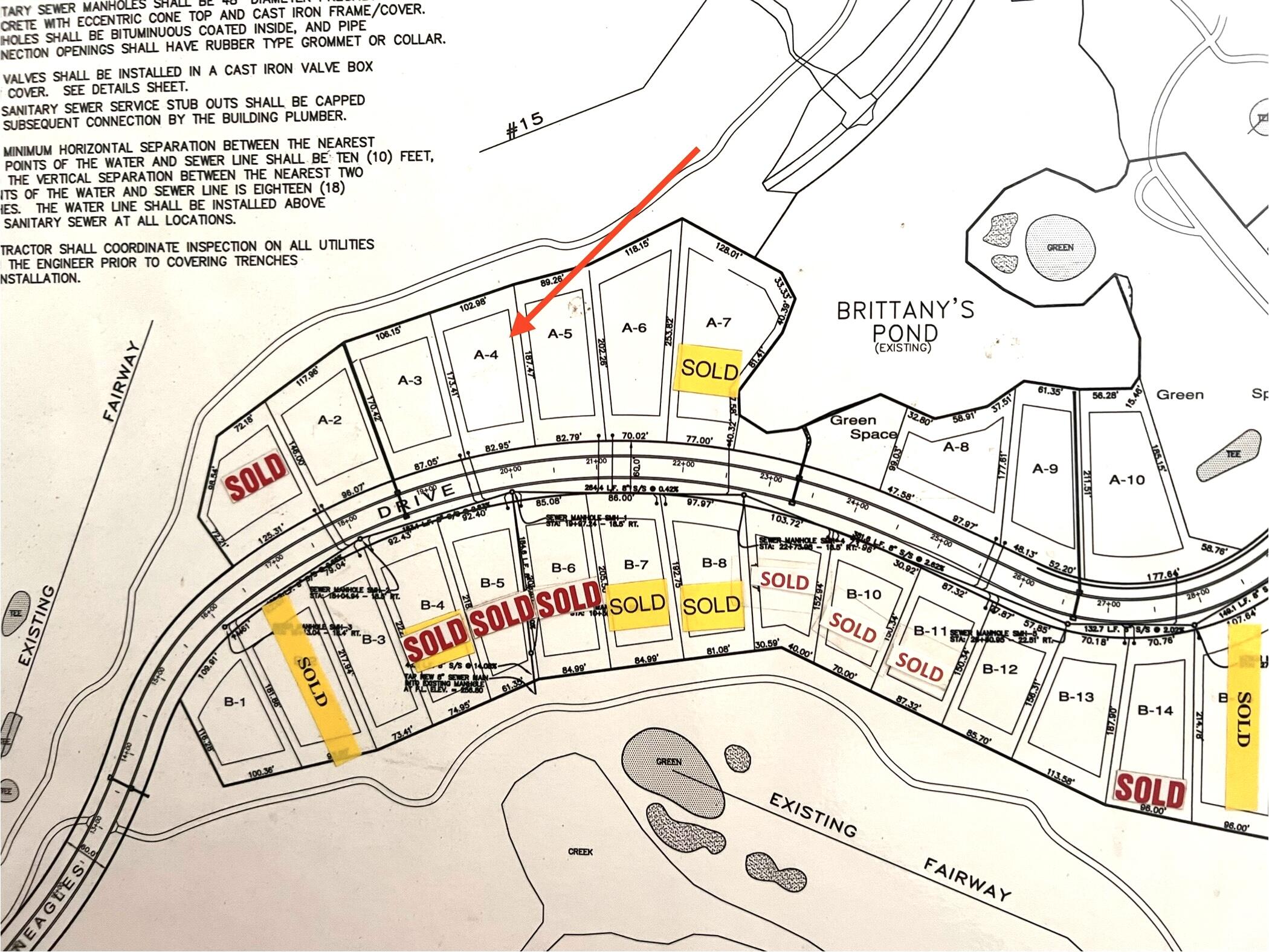 Subdivision plat with a red arrow pointing to lot A-4 among surrounding Gleneagles parcels.