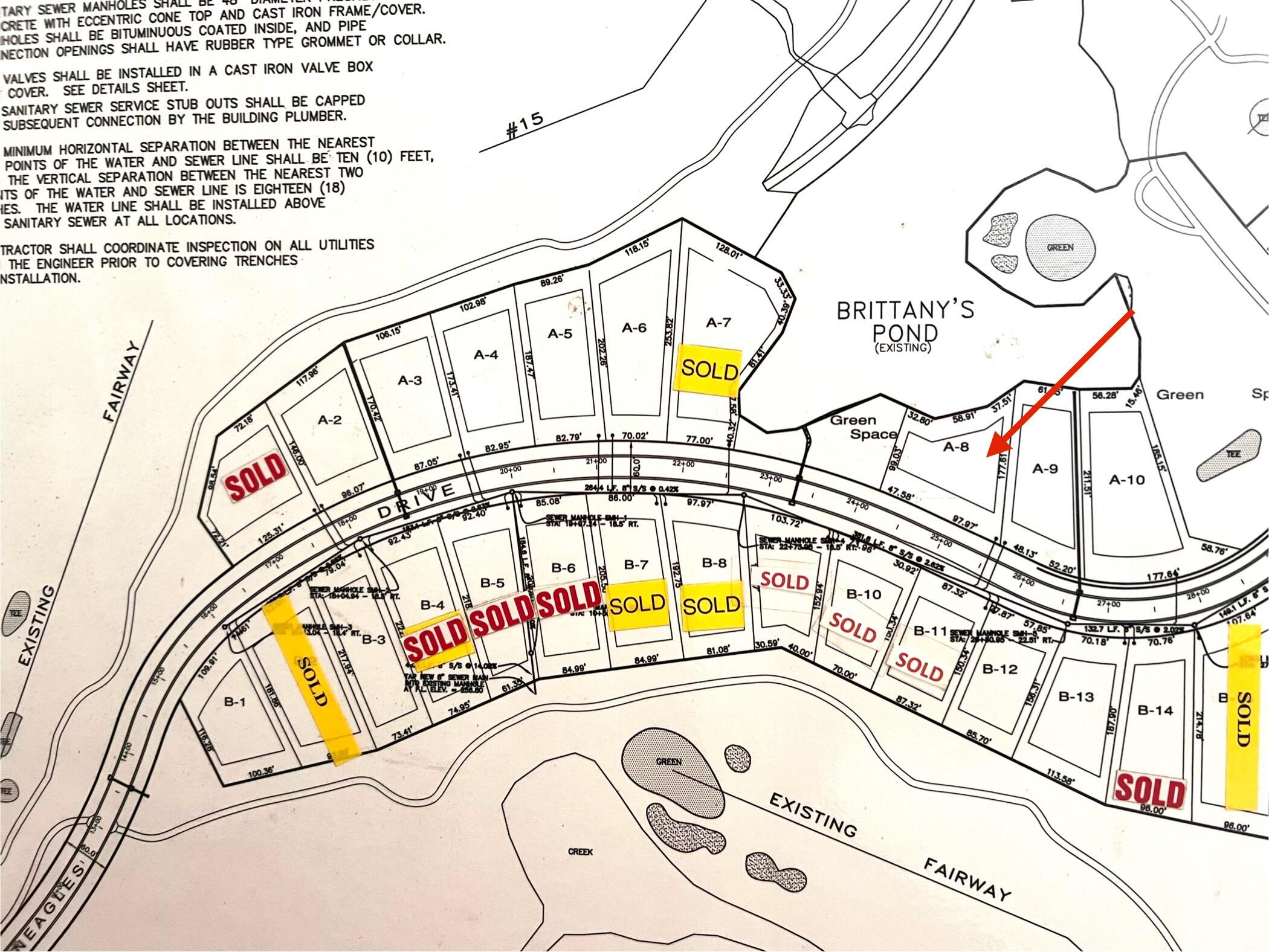 Subdivision plat highlighting lot A-8 beside Brittany’s Pond and Fairway Drive.