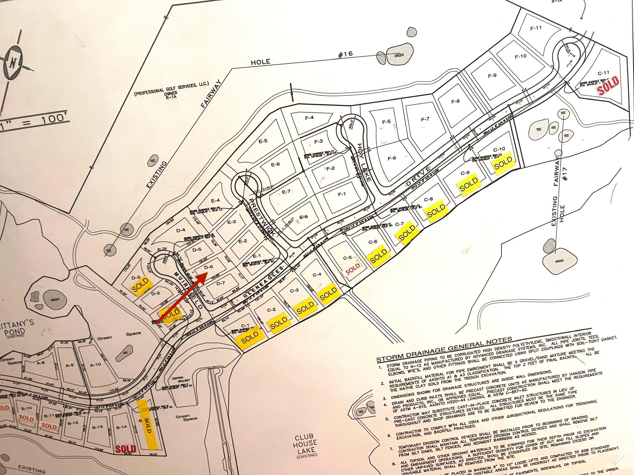 Gleneagles subdivision plat map with a red arrow pointing to lot D-6.