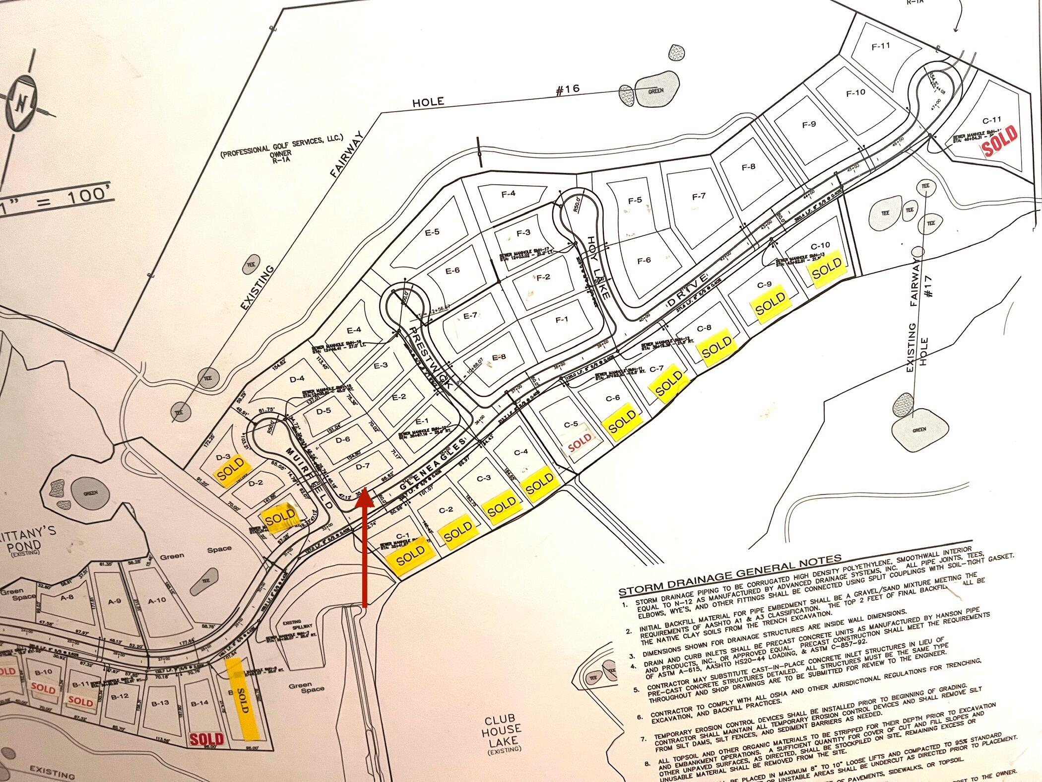 Gleneagles subdivision map with a red arrow pointing to lot D-7.