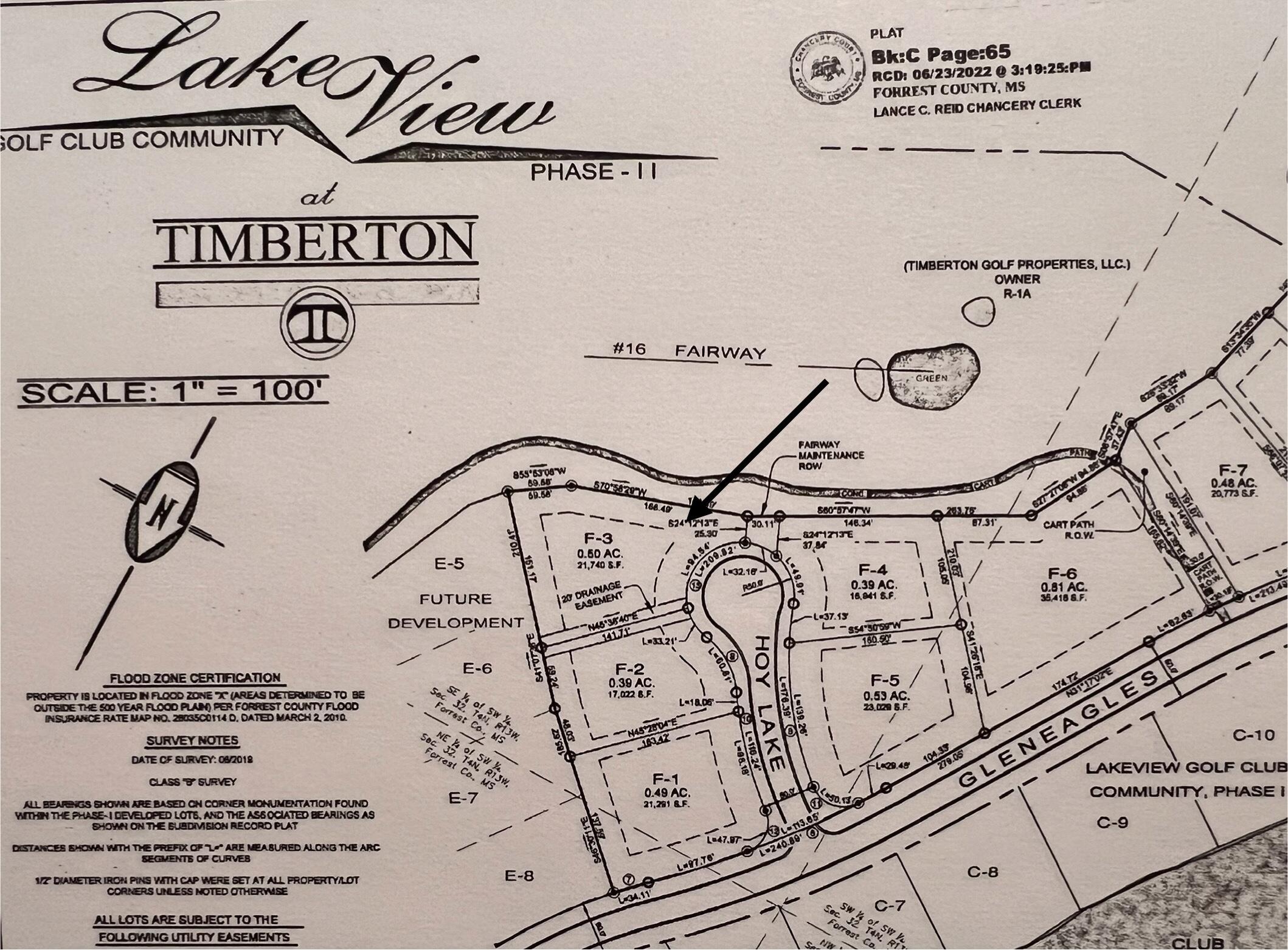 Subdivision plat with an arrow pointing to lot F-3 beside a golf fairway.