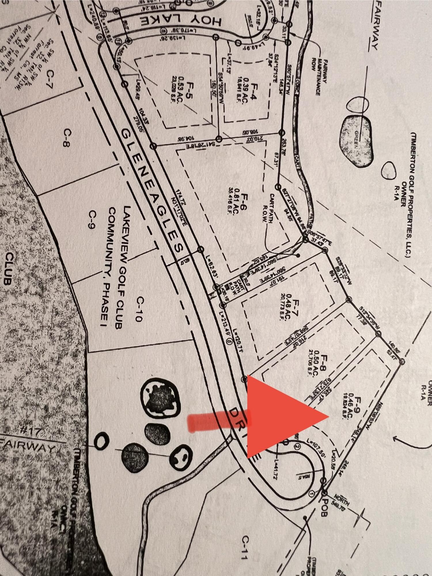 Plat map highlighting lot F-9 along Gleneagles Drive in Lakeview Golf Club Community.