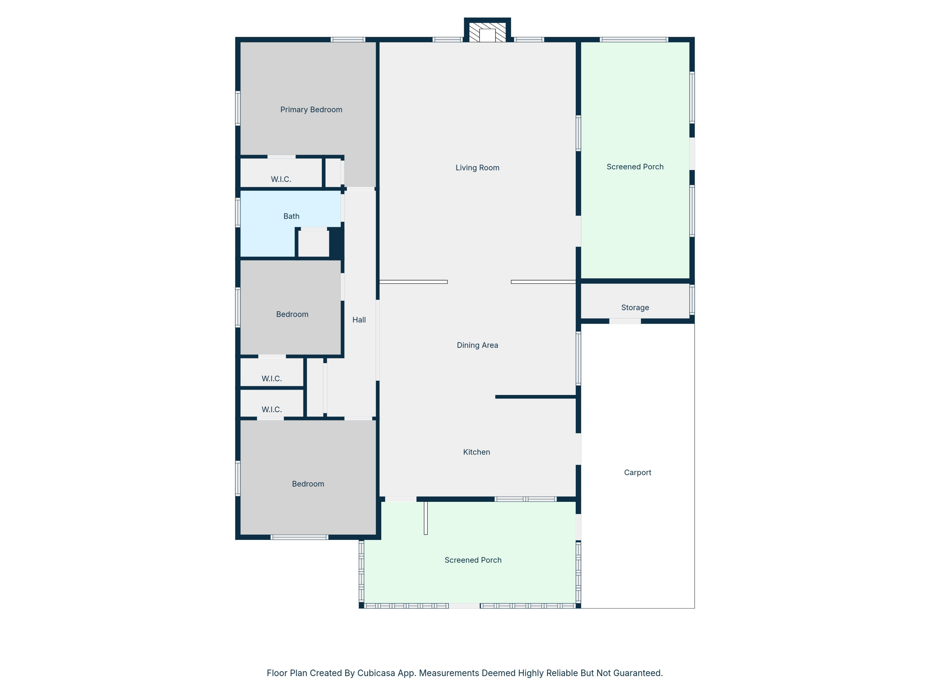 Floor plan showing three bedrooms, living and dining areas, kitchen, two screened porches, storage, and carport.