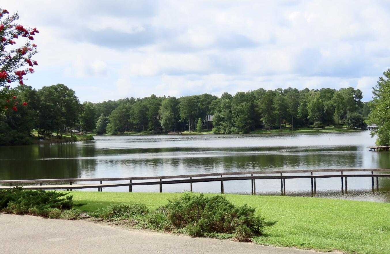 Lake view across a grassy lawn, with a wooded shore and dock.