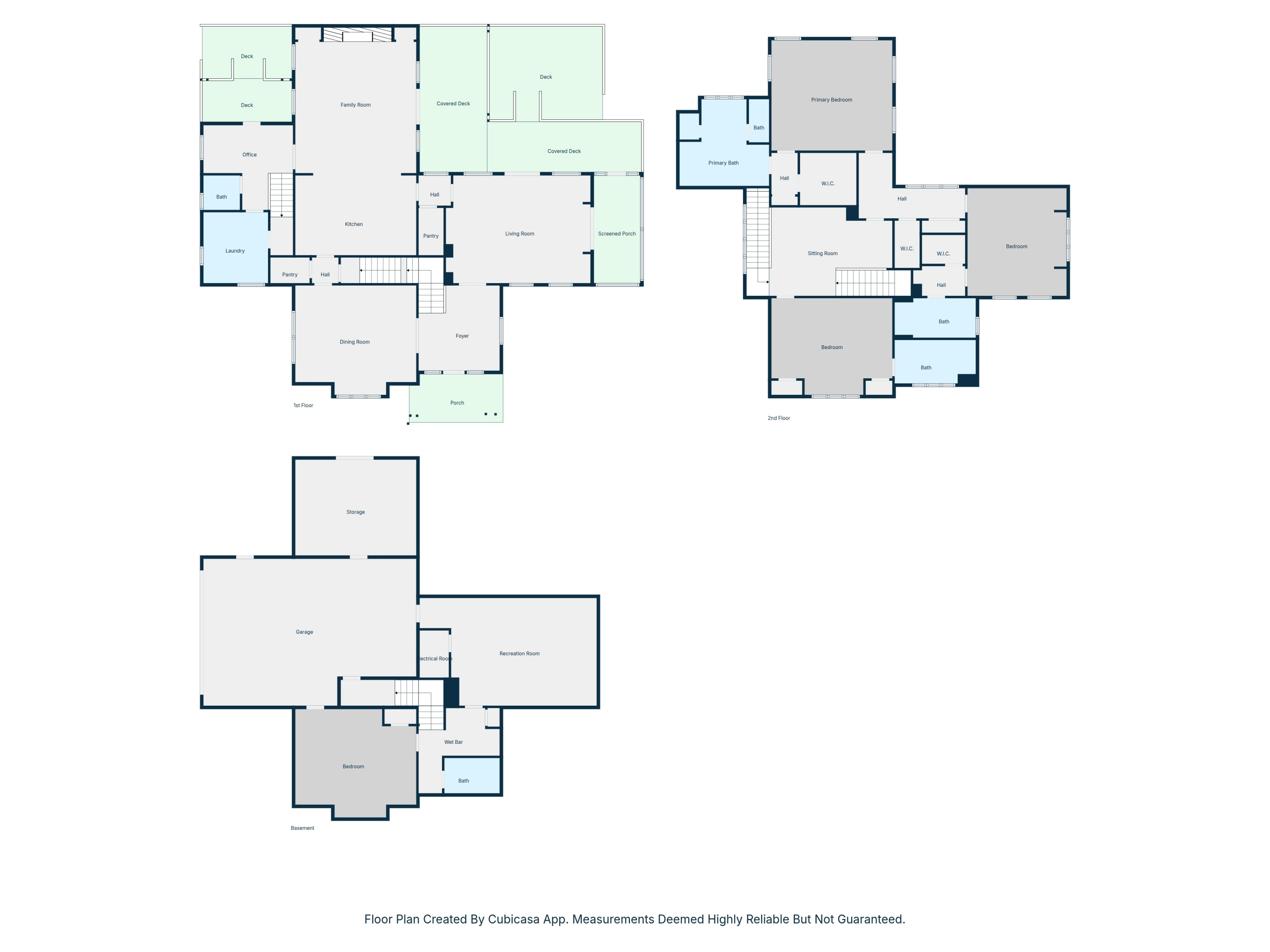 Three-level floor plan showing the home’s rooms, decks, garage, and basement recreation room.