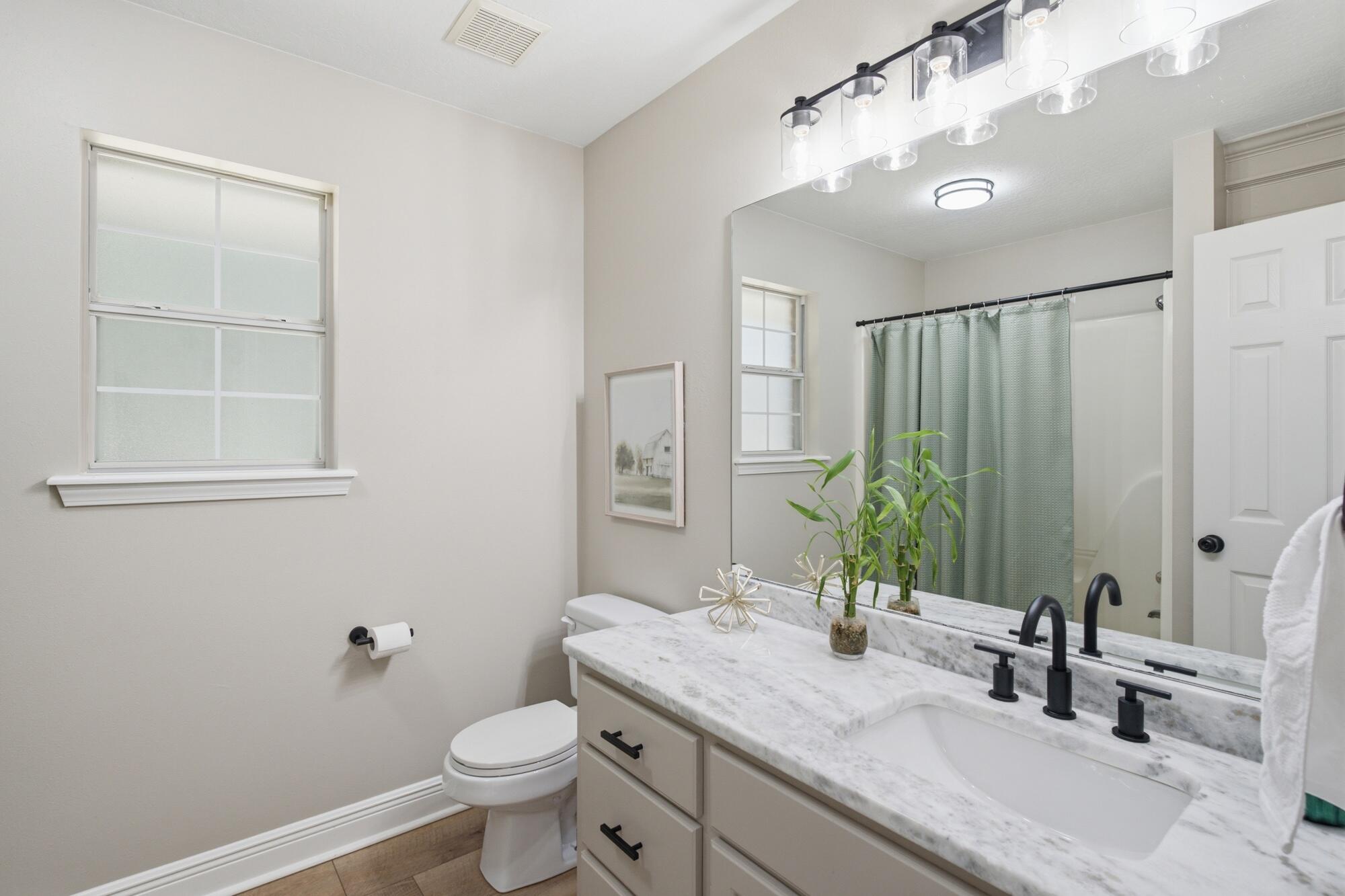 Bathroom with a marble-look vanity, black faucet, large mirror, and green shower curtain.