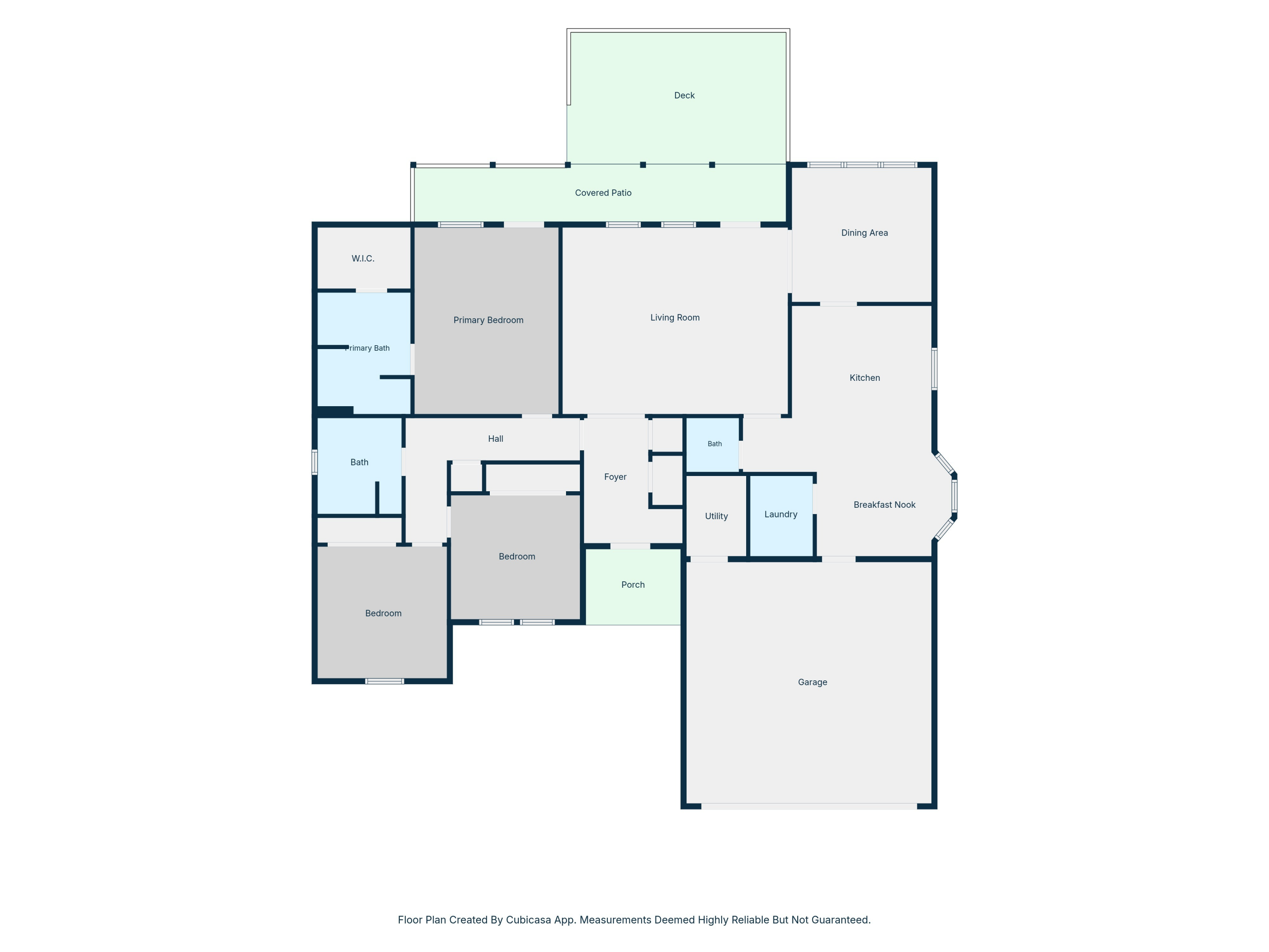 Floor plan with three bedrooms, living and dining areas, kitchen, garage, deck, and covered patio.