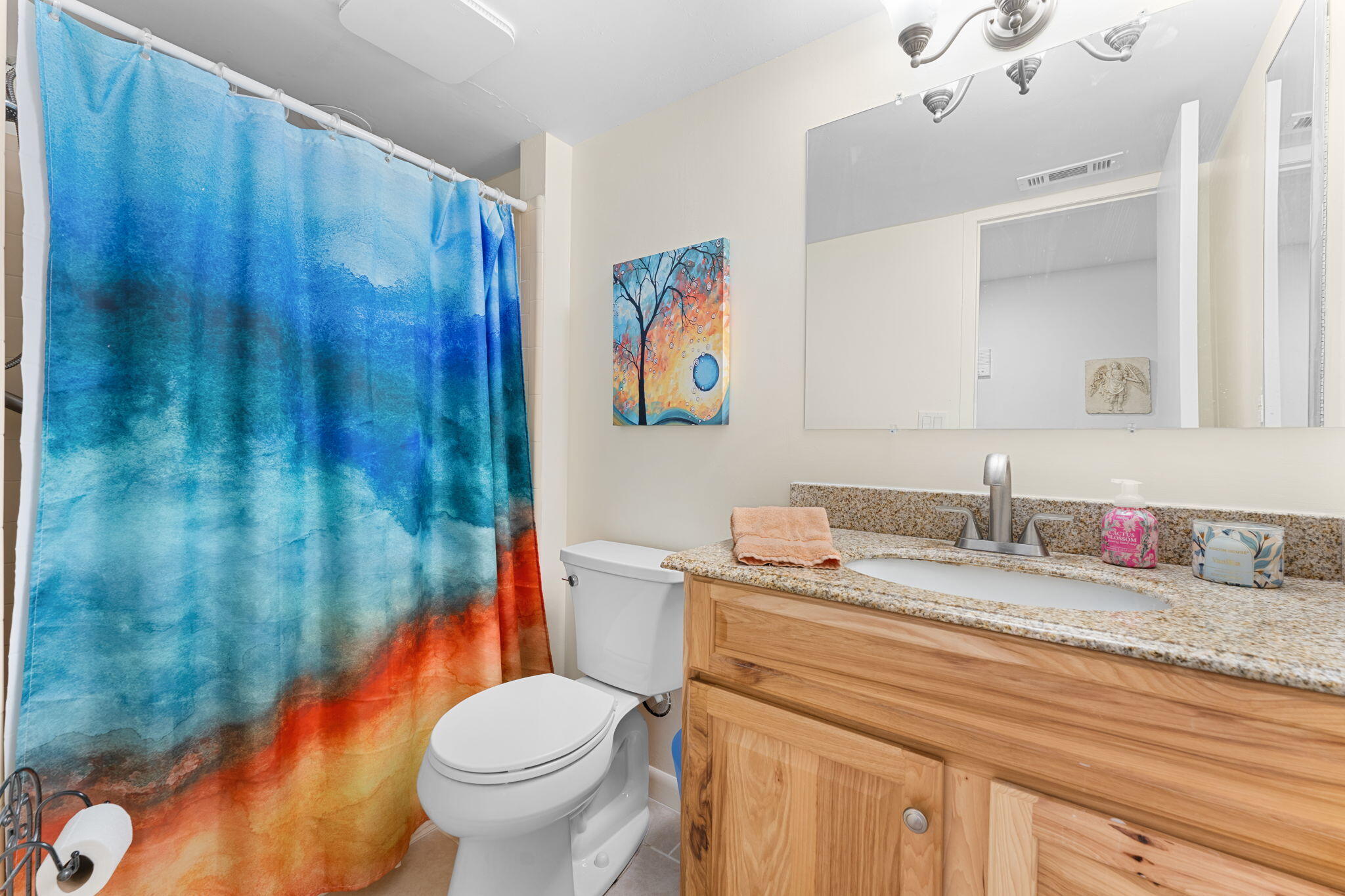 Bathroom with colorful shower curtain, white toilet, and wood vanity with granite counter.