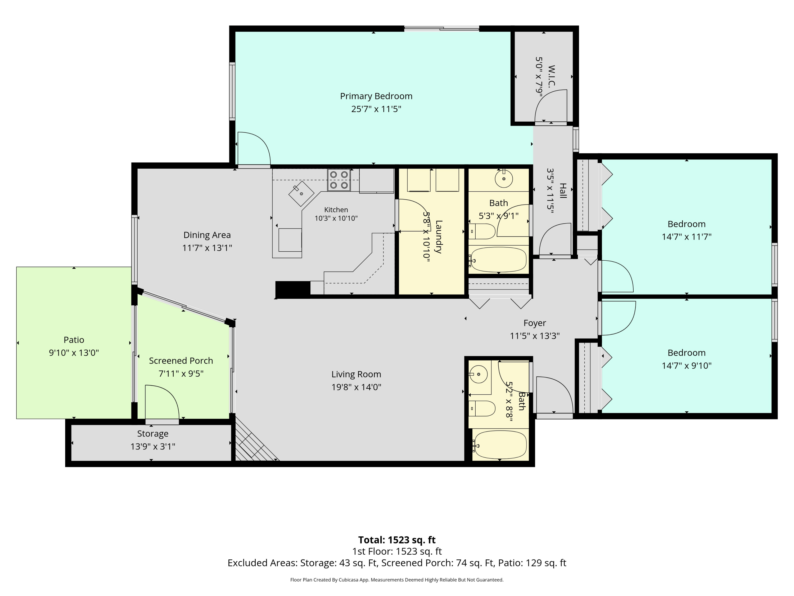 Floor plan showing three bedrooms, two bathrooms, a patio, and a screened porch.