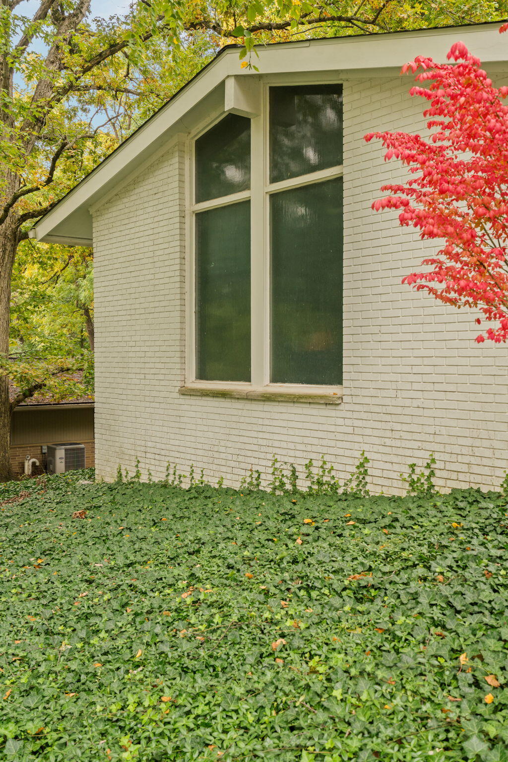 White brick house with tall windows, green groundcover, and a red-leaved tree in autumn.