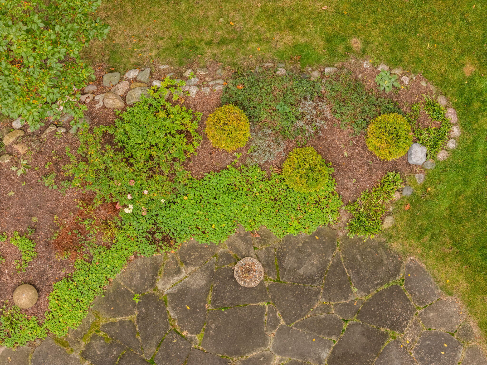 Aerial view of a stone patio bordered by groundcover, shrubs, and decorative rocks.