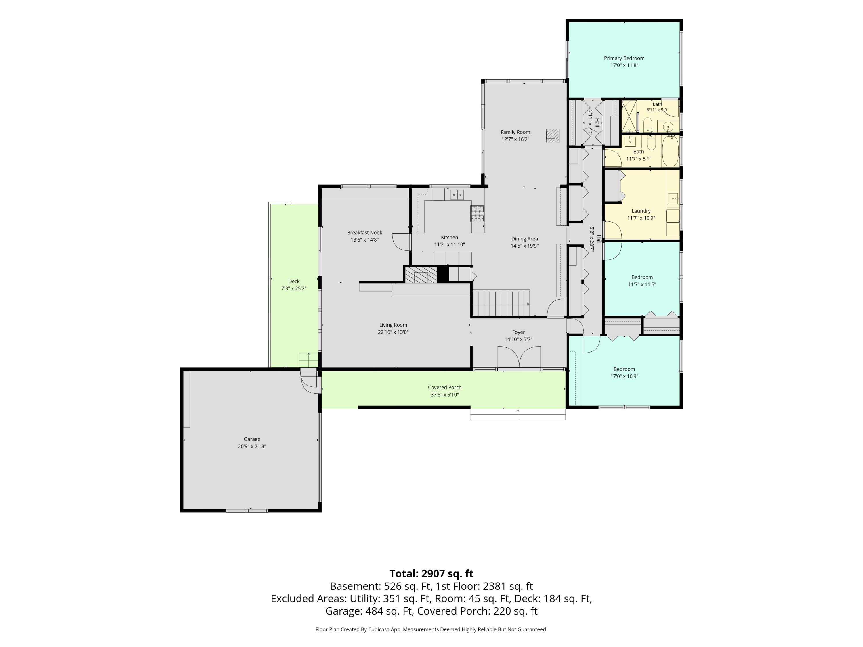 Floor plan showing three bedrooms, two baths, open living and dining areas, a garage, deck, and covered porch.
