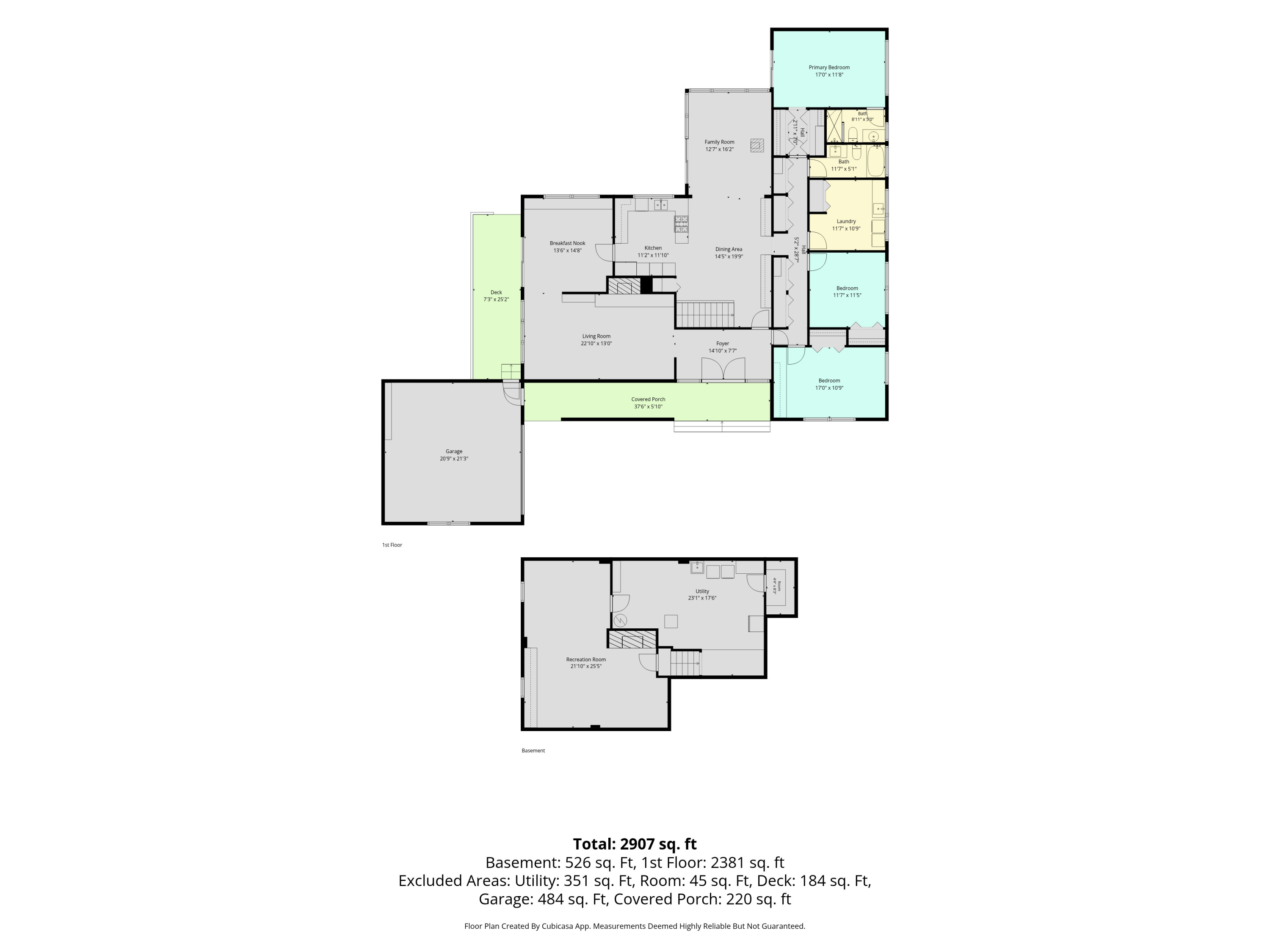 Floor plan showing the first-floor layout and basement, with room dimensions and total square footage.