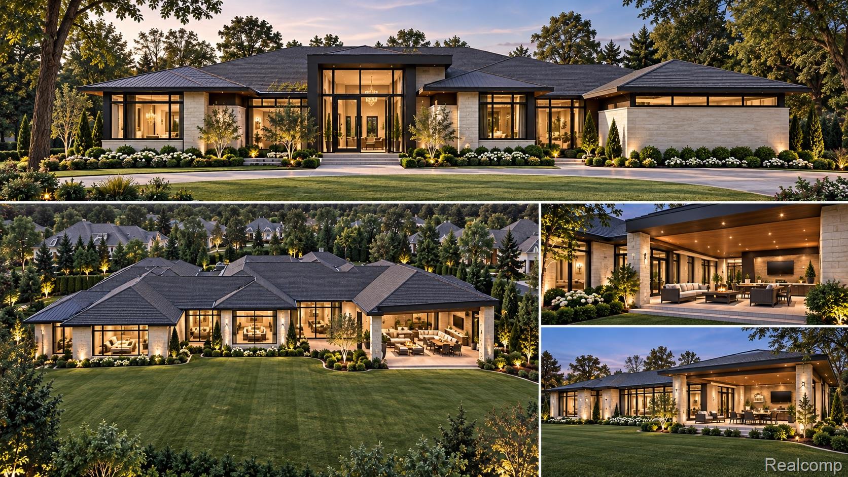 Modern stone-and-glass home with landscaped grounds and covered outdoor living areas at dusk.