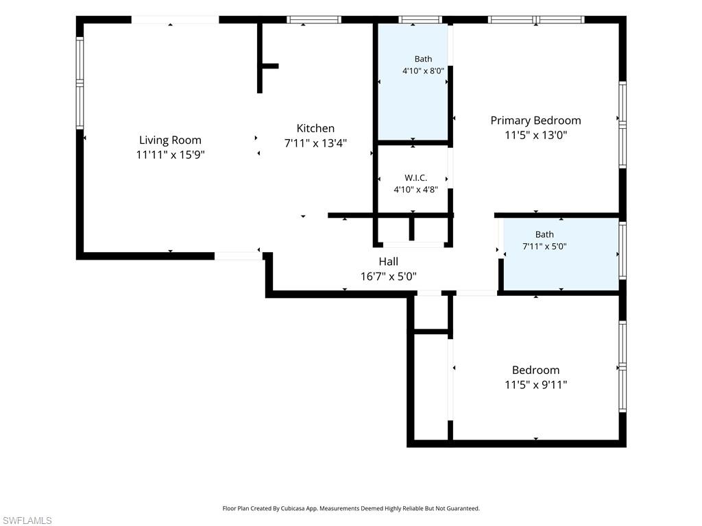 Floor plan showing two bedrooms, two bathrooms, a living room, kitchen, and central hall.