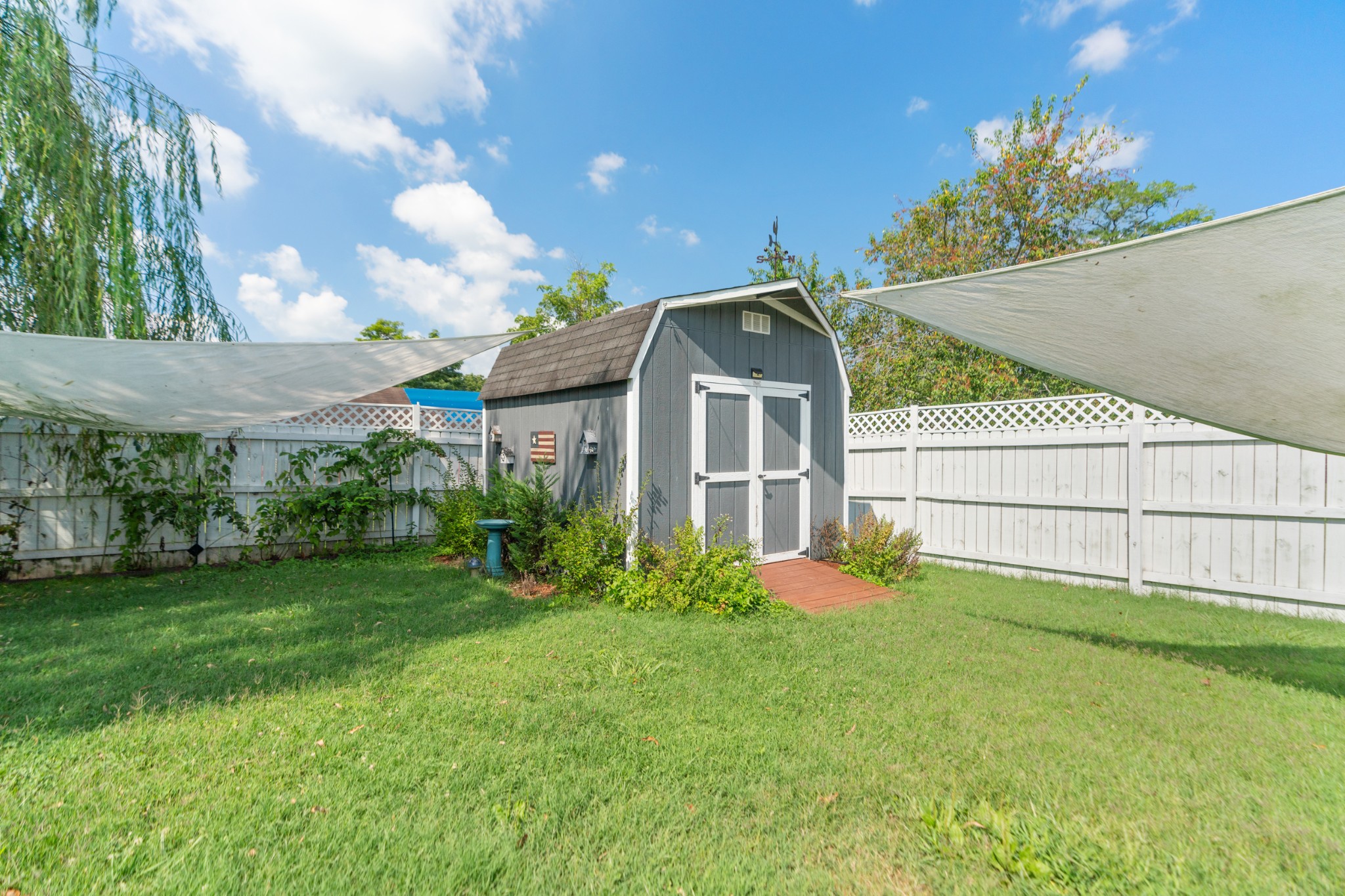 Backyard with a gray storage shed, white privacy fence, lawn, and shade sails.