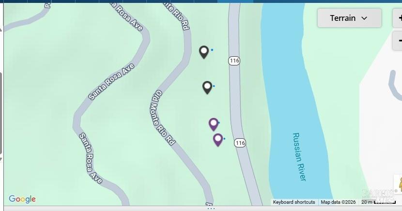 Map of Monte Rio Road and Highway 116 beside the Russian River, marked with location pins.