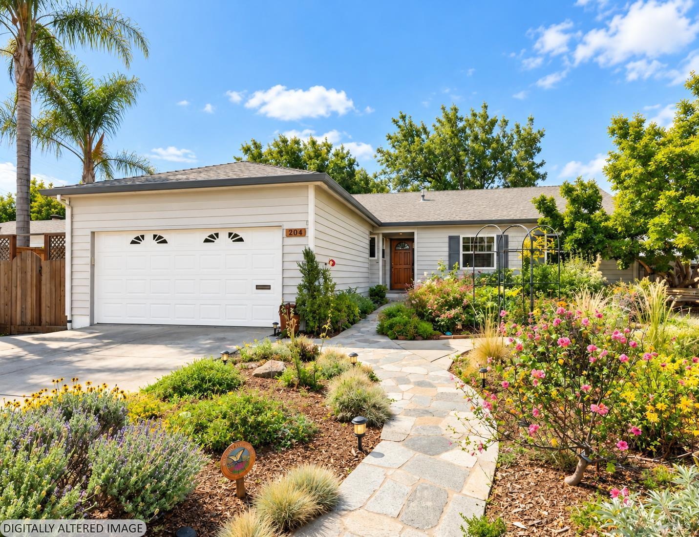 Single-story home with a white double garage door and a colorful, landscaped garden.