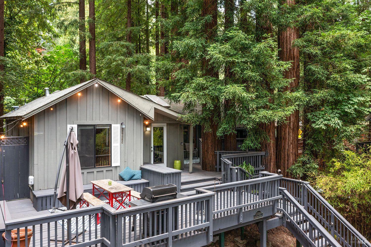 Gray home with a spacious deck and outdoor seating among towering redwood trees.