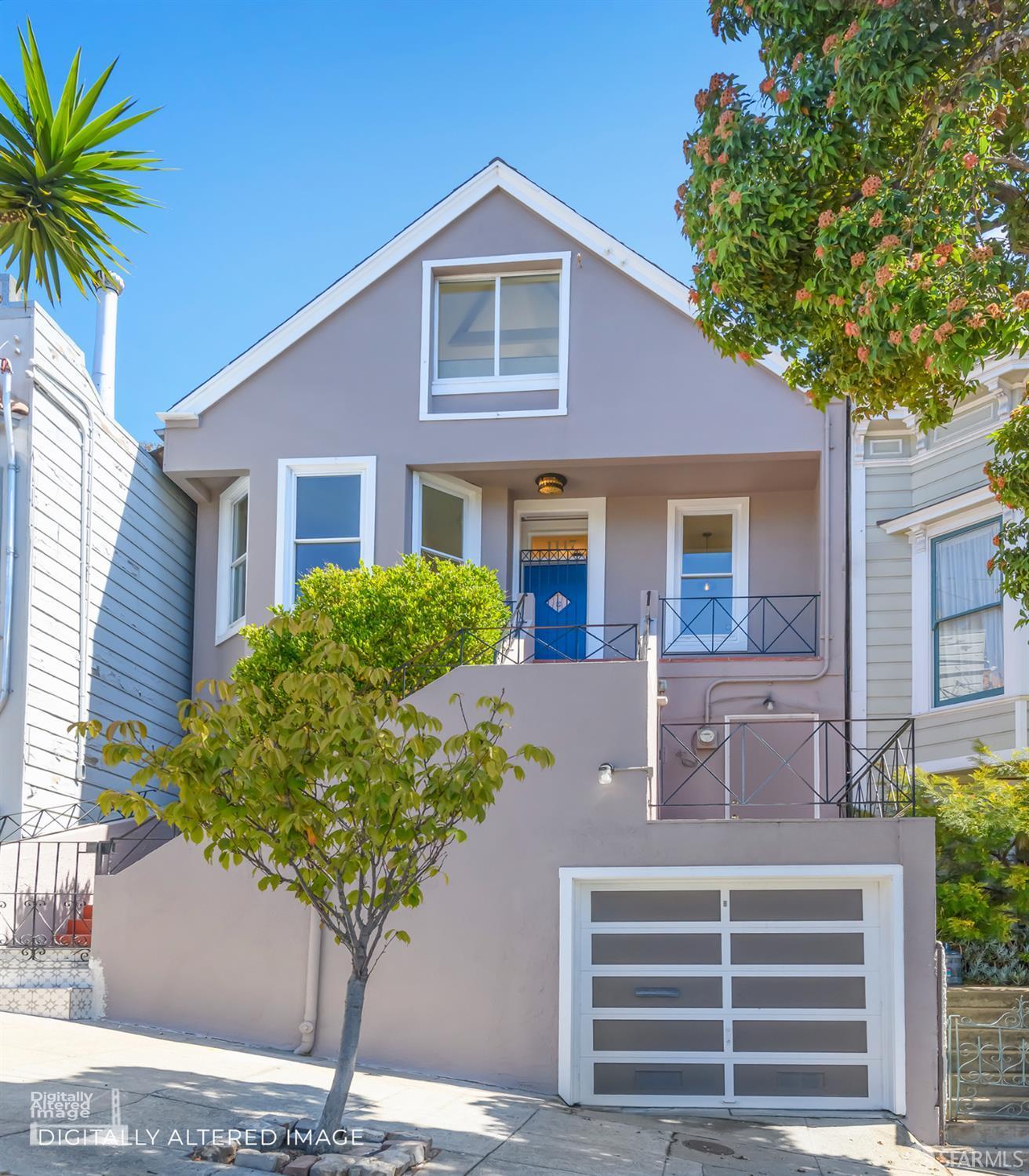 Multi-level gray-lavender home with a blue front door, balconies, and a white garage door.