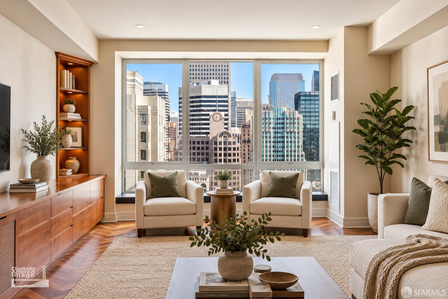 Furnished condo living room with large windows framing a downtown skyline.