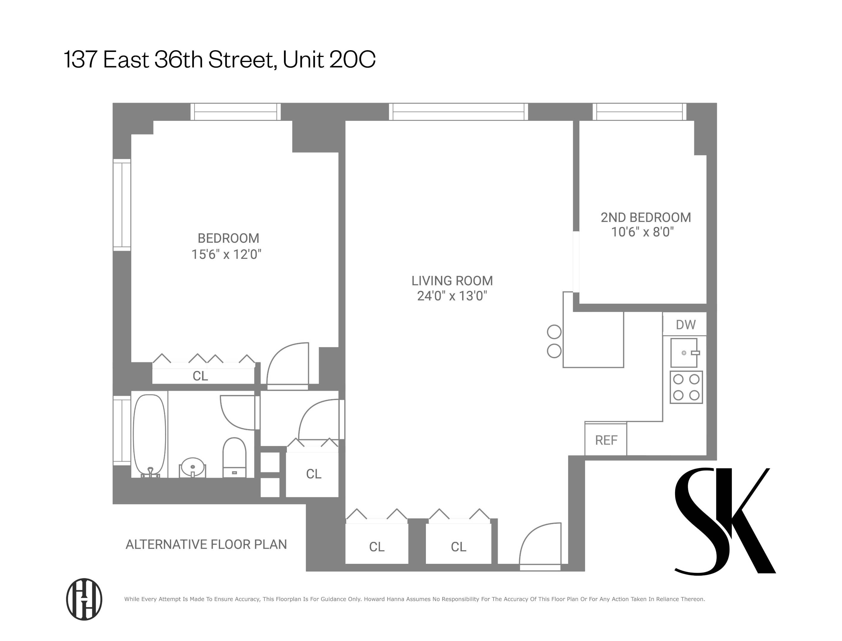 Alternative floor plan for Unit 20C, showing two bedrooms, a living room, bathroom, kitchen, and closets.