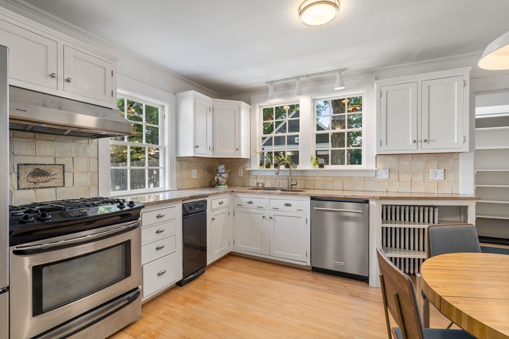 Kitchen with white cabinetry, stainless steel appliances, and windows above the sink.