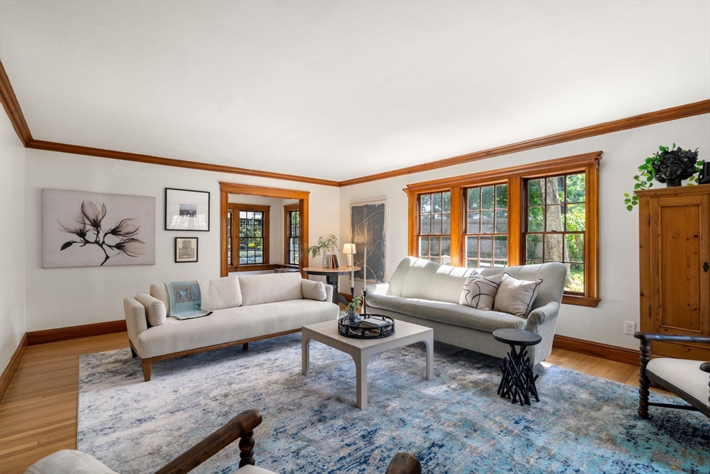 Furnished living room with pale sofas, a blue-patterned rug, and large wood-framed windows.