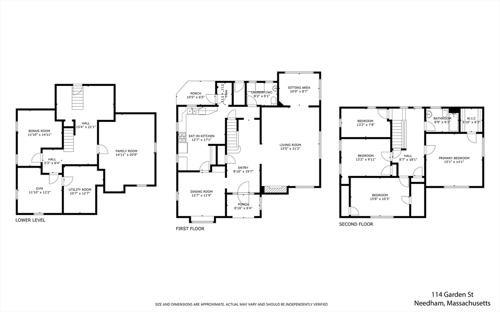 Three-level floor plan of 114 Garden St, with labeled rooms on the lower level, first floor, and second floor.