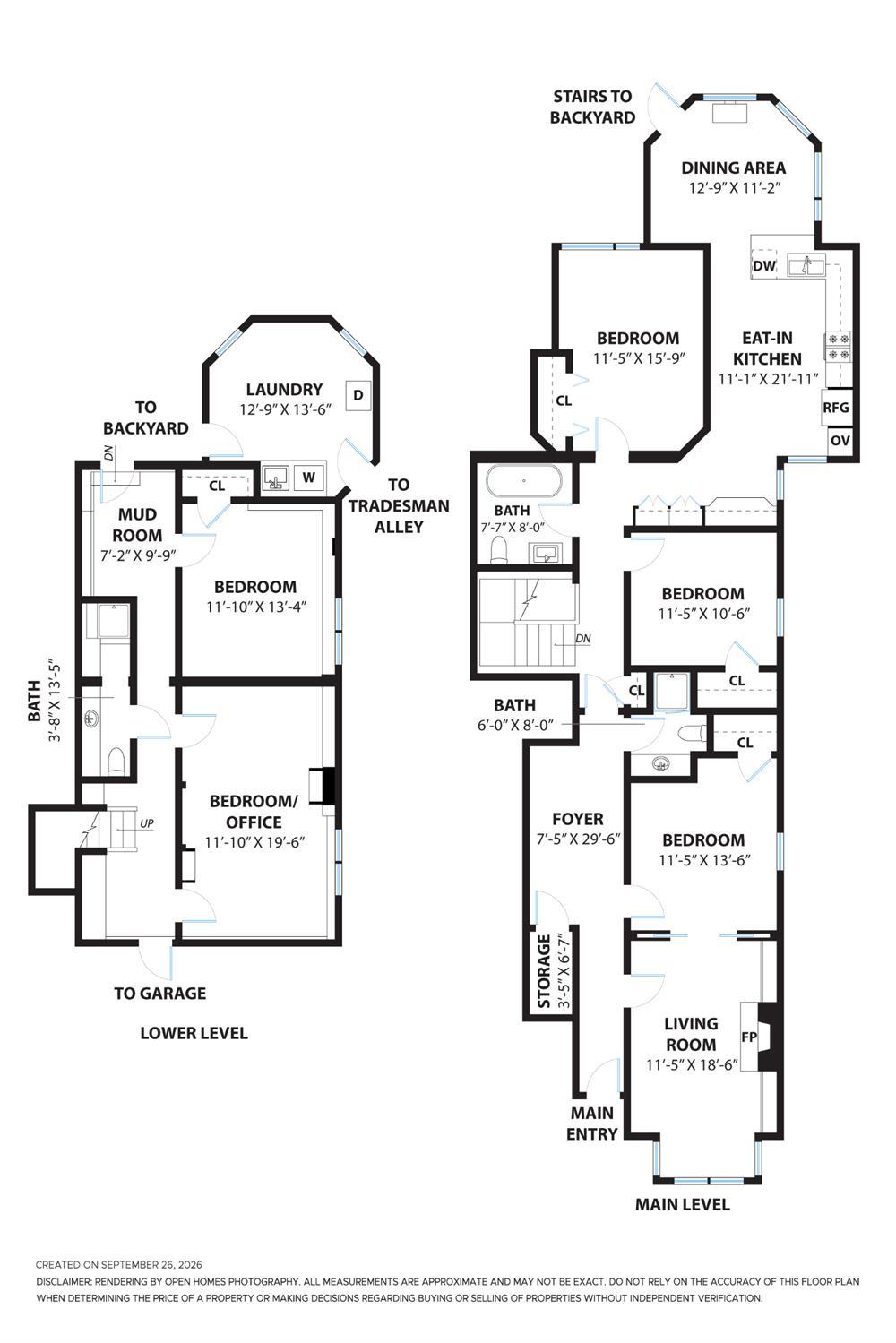 Two-level floor plan showing room layouts and dimensions for the main and lower levels.