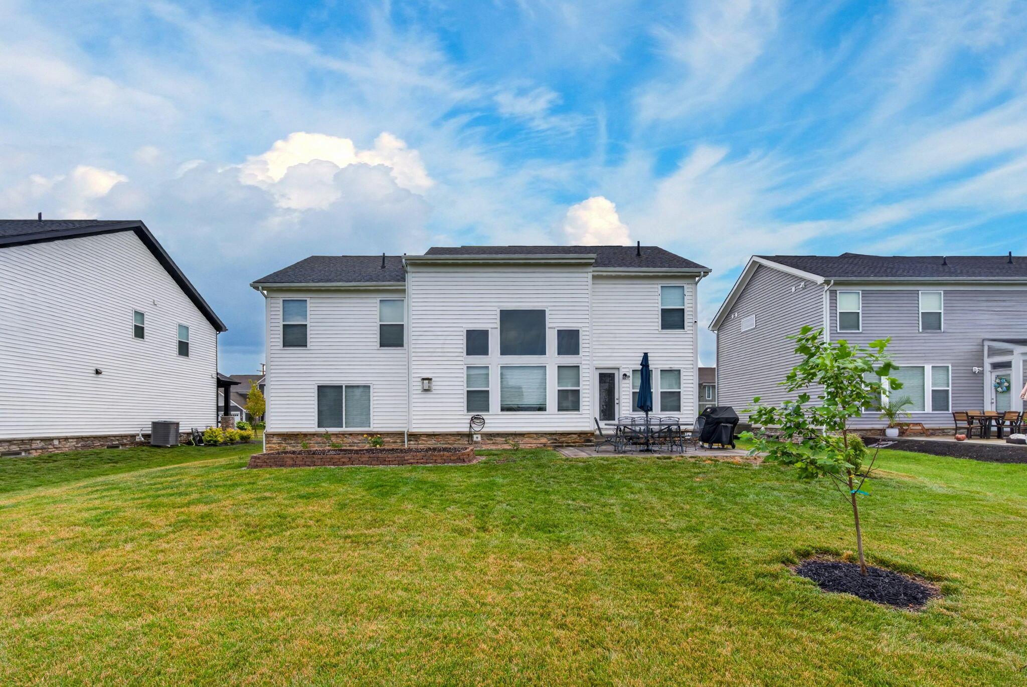 Backyard of a two-story white house with a broad lawn, young tree, and patio furniture.