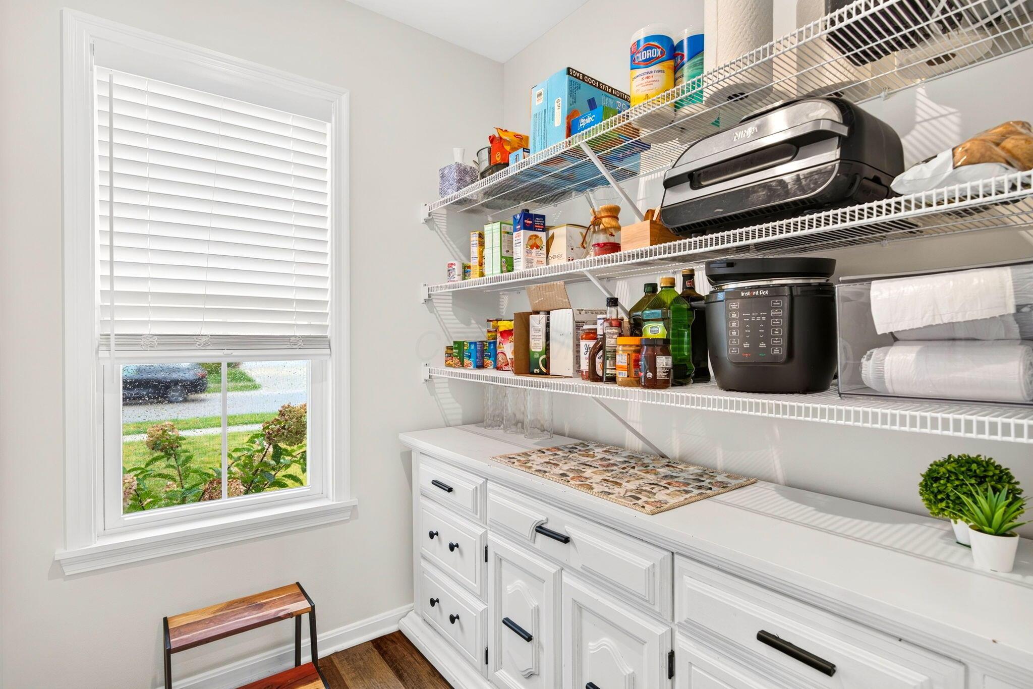 Walk-in pantry with stocked wire shelves, white built-in cabinets, and a window overlooking the yard.