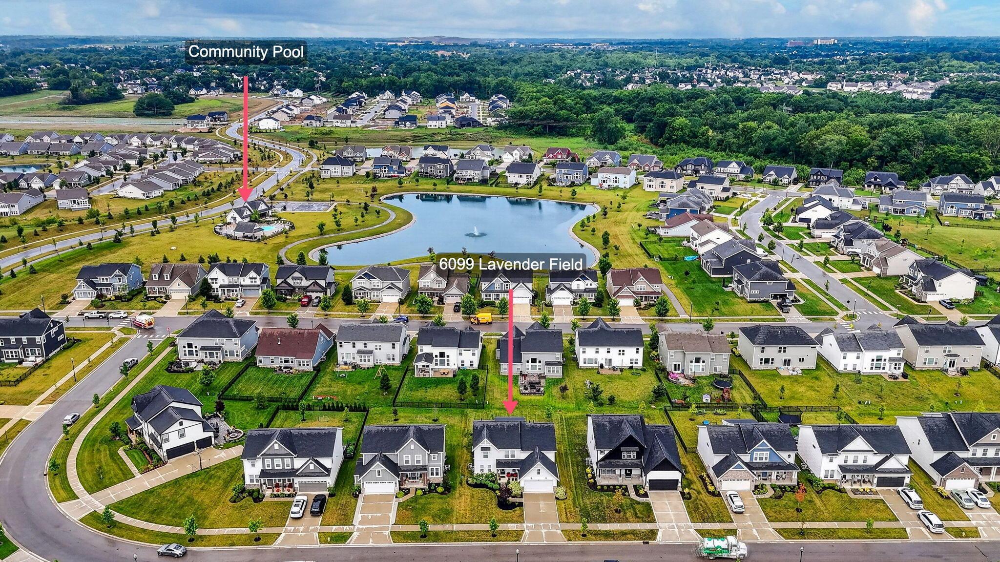 Aerial neighborhood view showing 6099 Lavender Field, a central pond, and the community pool marked by arrows.