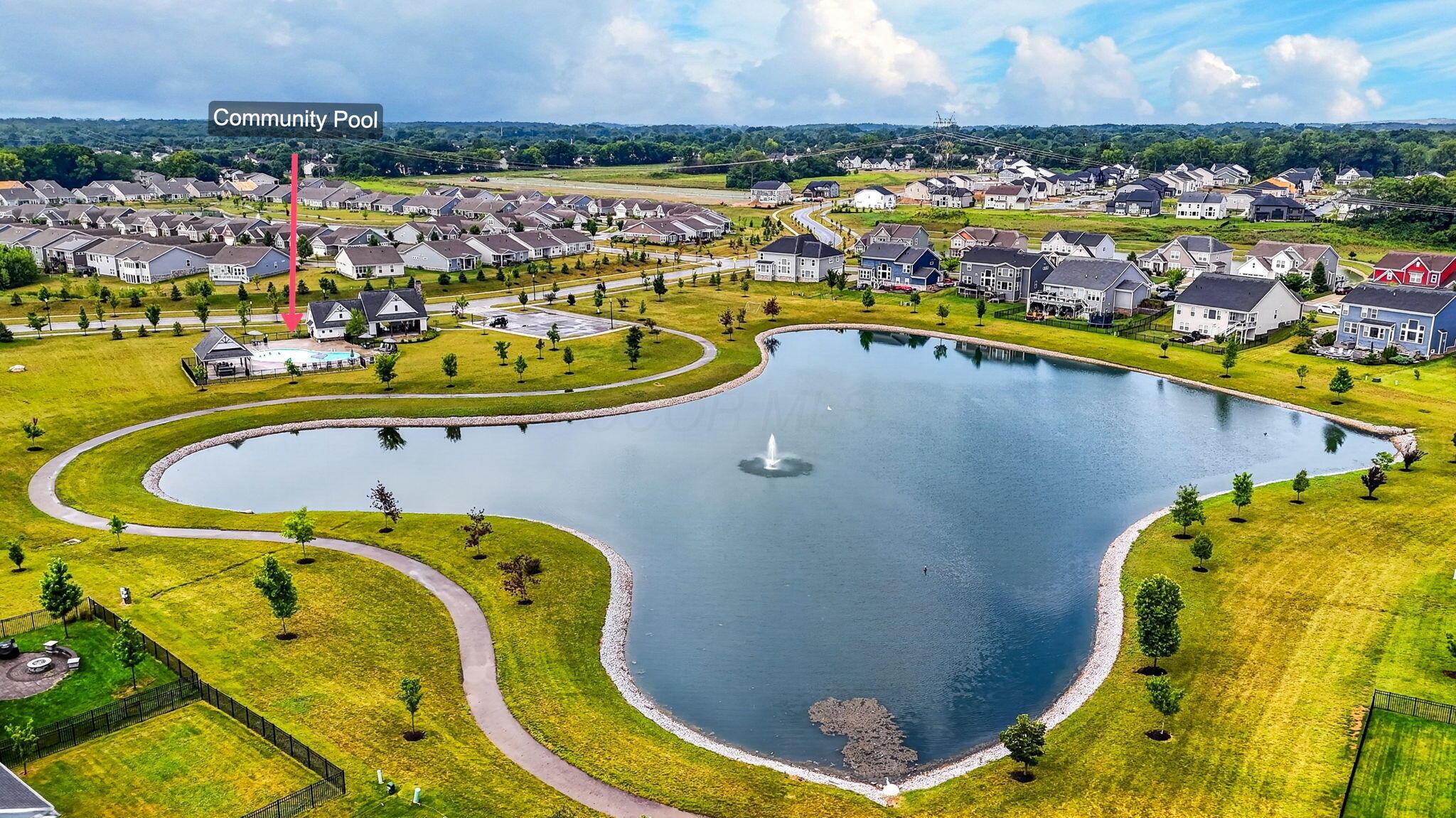 Aerial view of a neighborhood pond and walking paths, with an arrow pointing to the community pool.