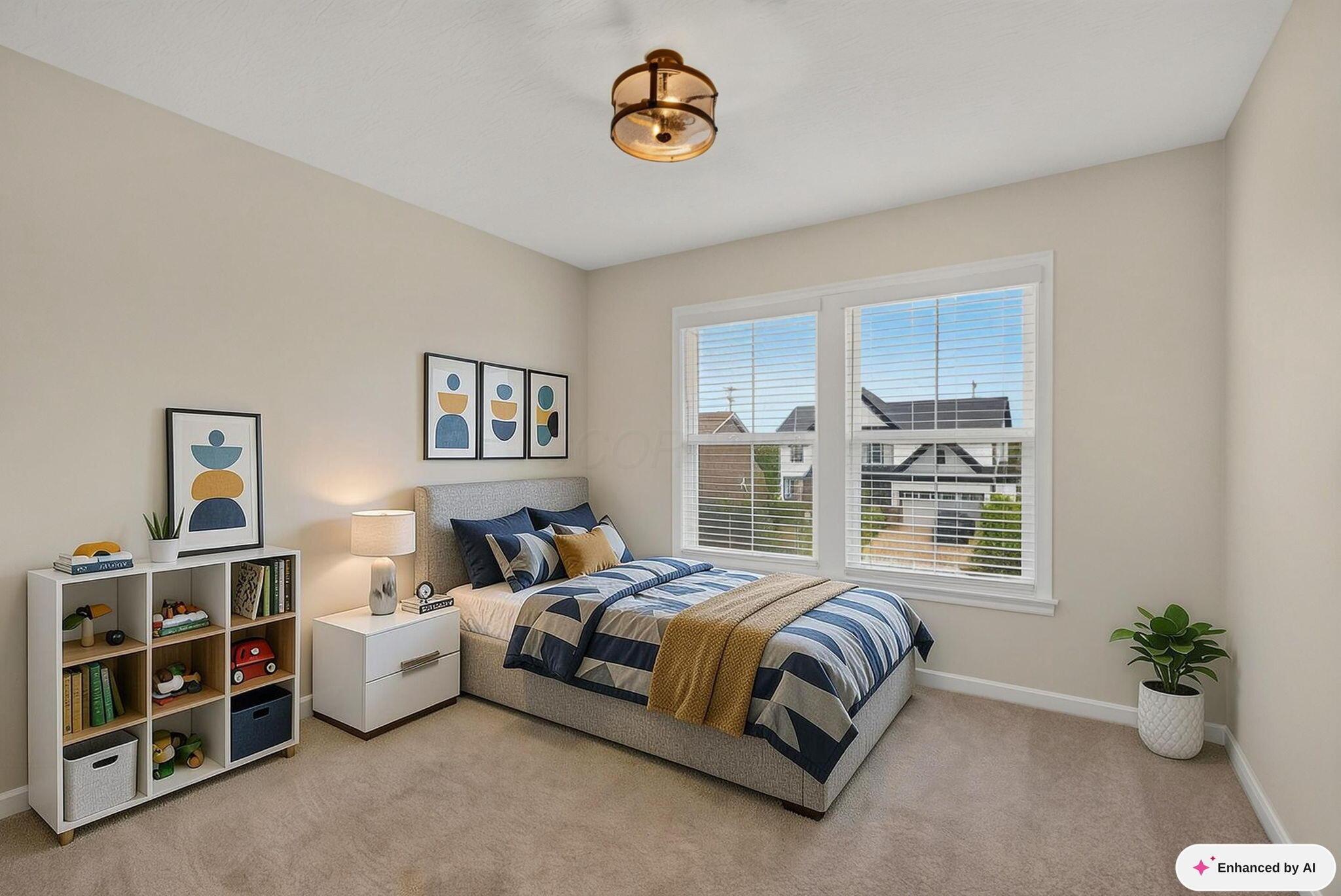Furnished bedroom with a gray bed, blue and mustard bedding, abstract art, and two windows.