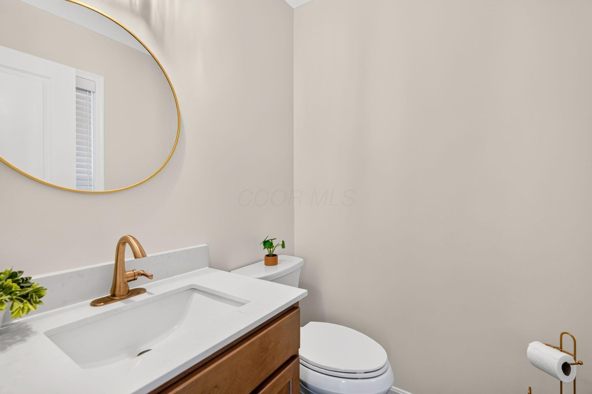 Bathroom vanity with a white sink, brass fixtures, wood cabinets, and a large round mirror.