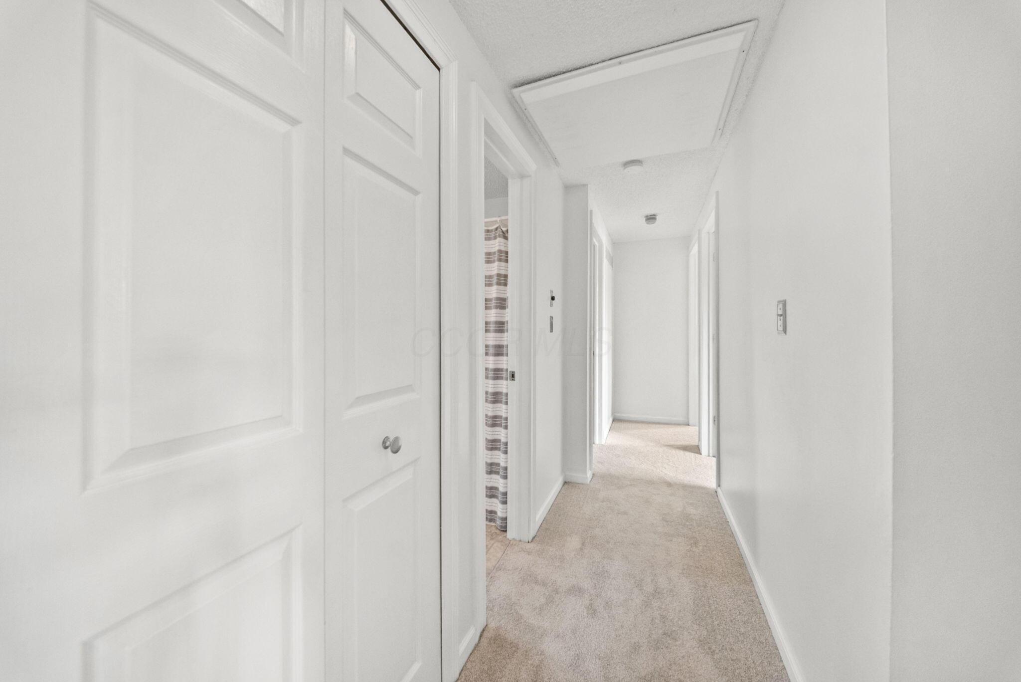 Carpeted hallway with white paneled doors and a striped shower curtain visible through an open doorway.