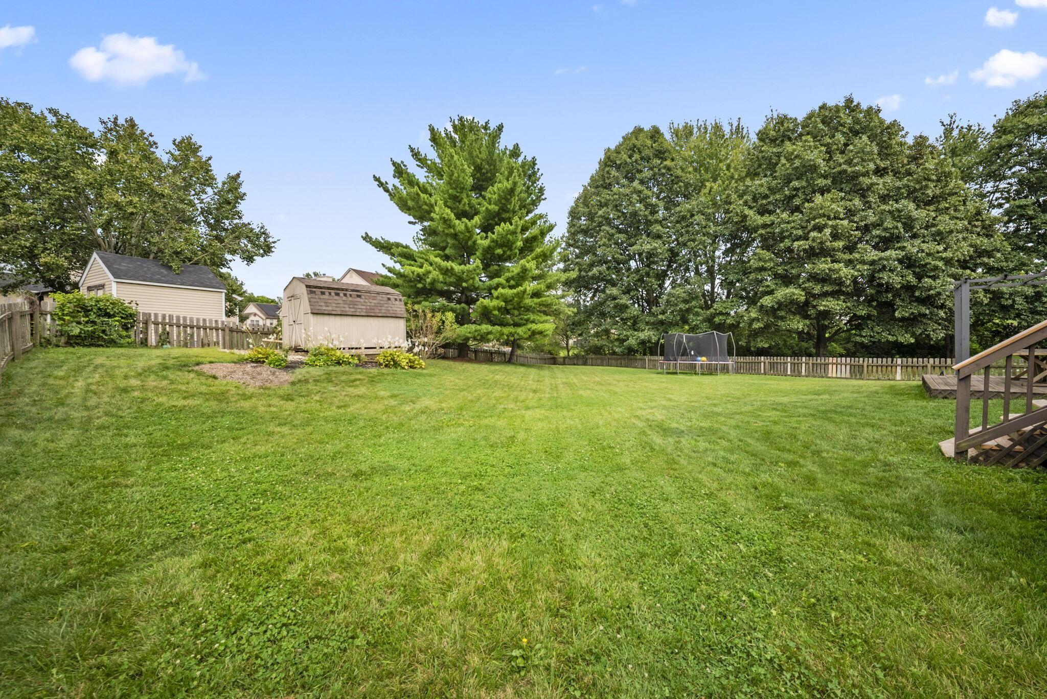 Fenced backyard with a broad lawn, two storage sheds, mature trees, and a trampoline.